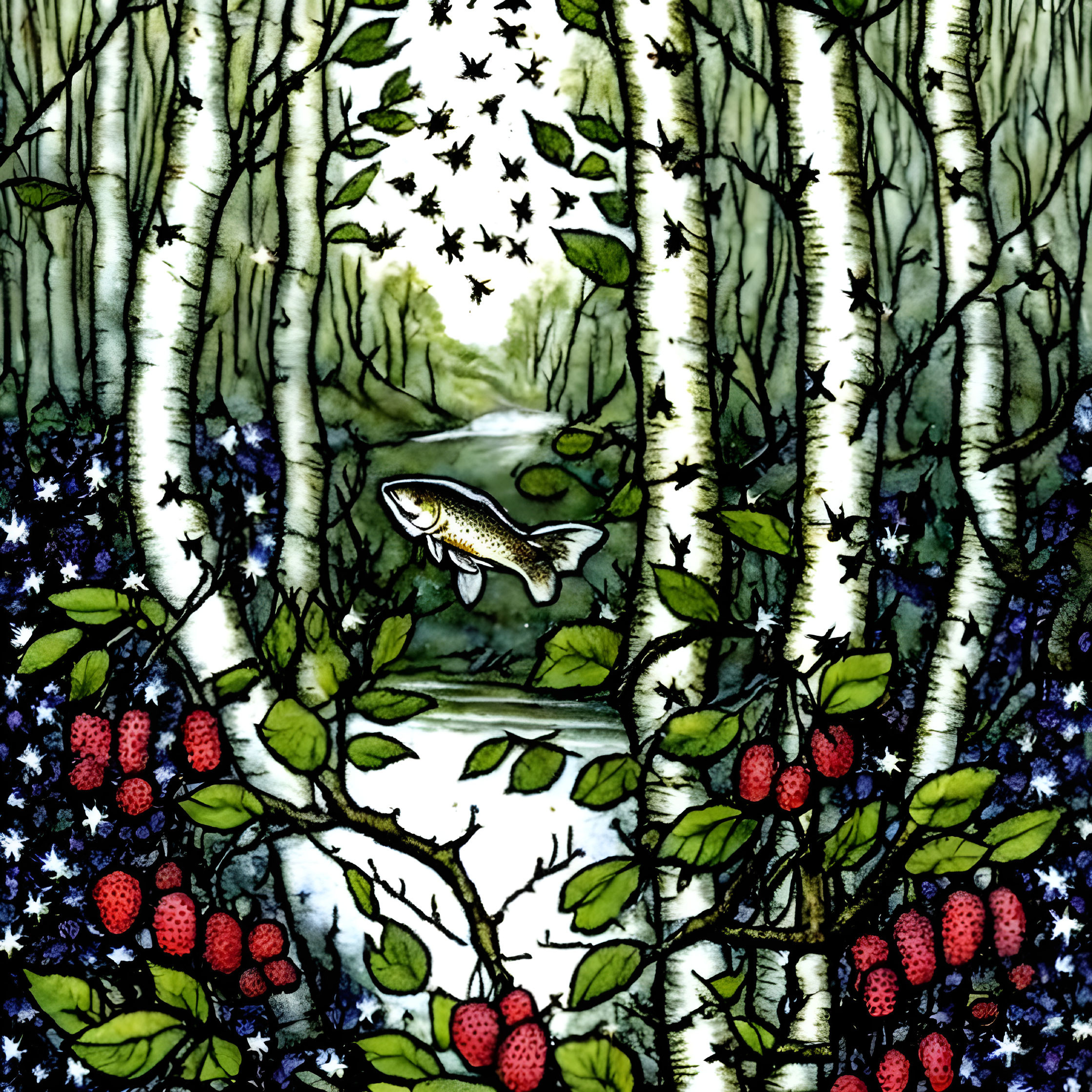 Illustration of whimsical forest with oval clearing, leaping fish, stars, and interwoven