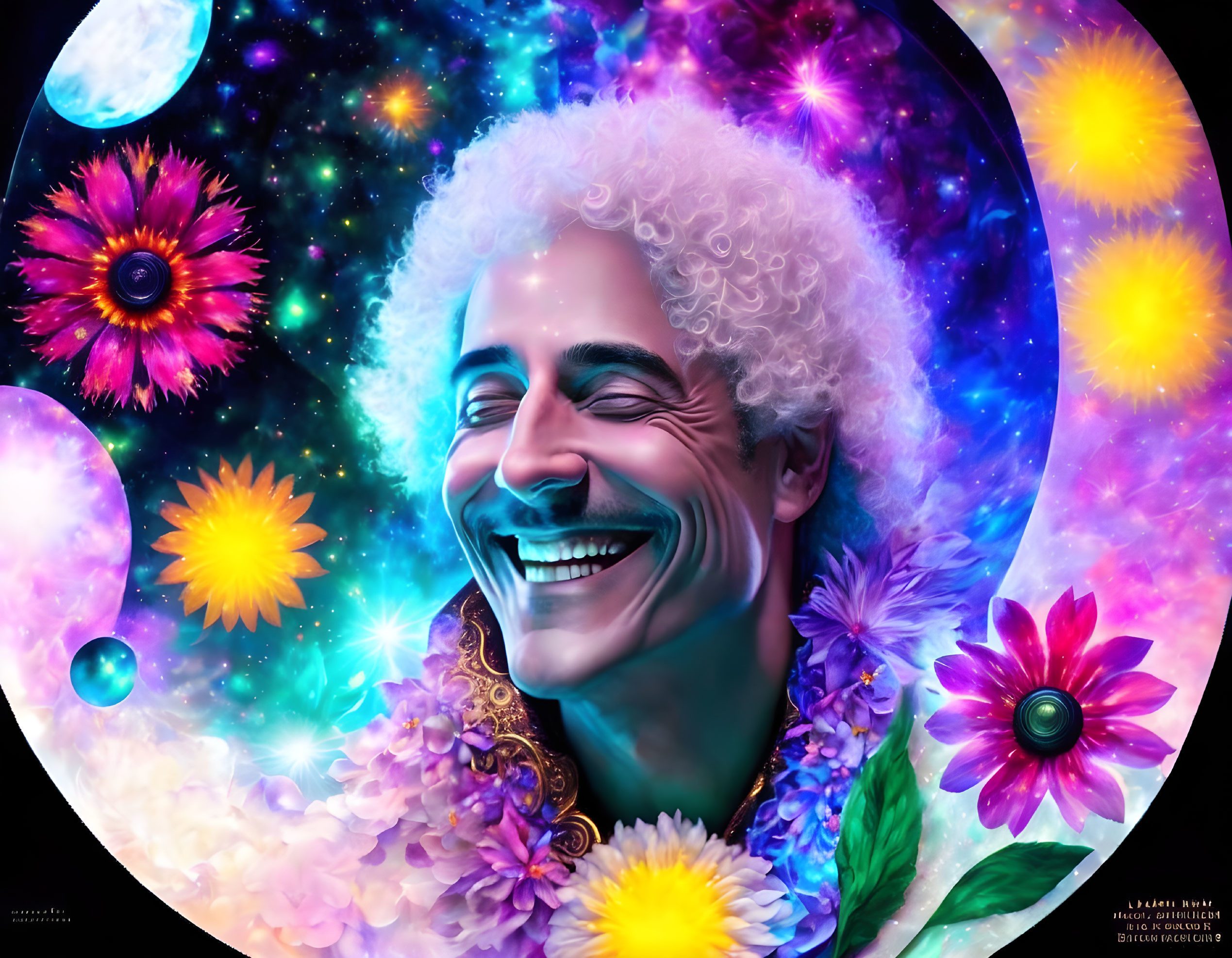 Colorful Digital Portrait of Smiling Person with Cosmic Elements