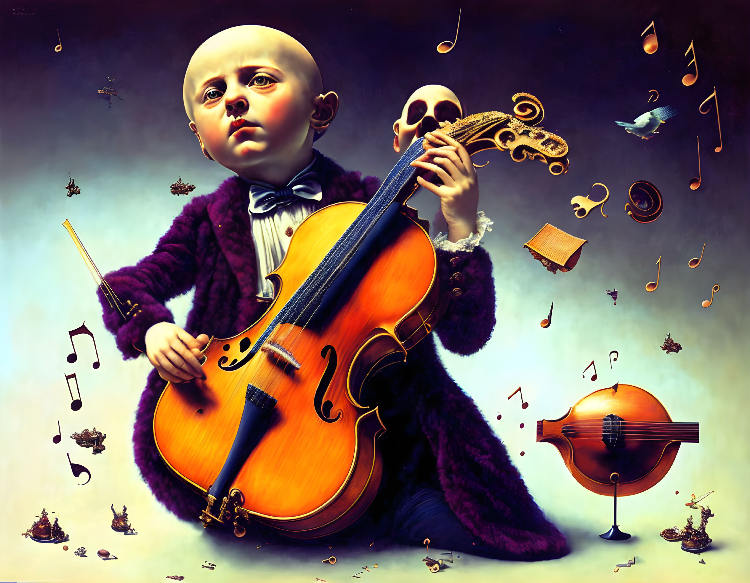 Surreal oversized baby playing violin with floating musical notes and levitating cello