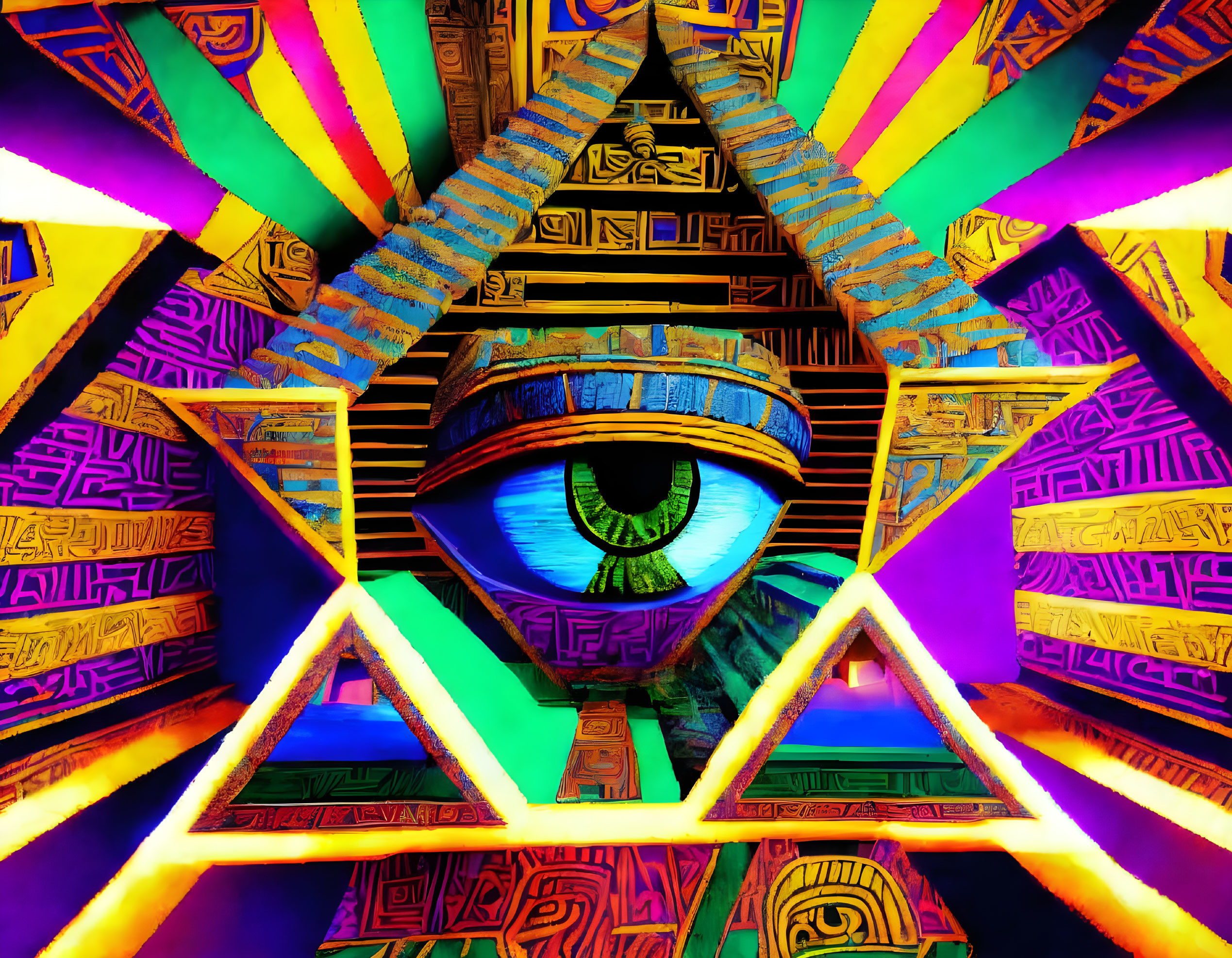 Colorful Psychedelic Eye Art with Geometric Patterns and Neon Colors