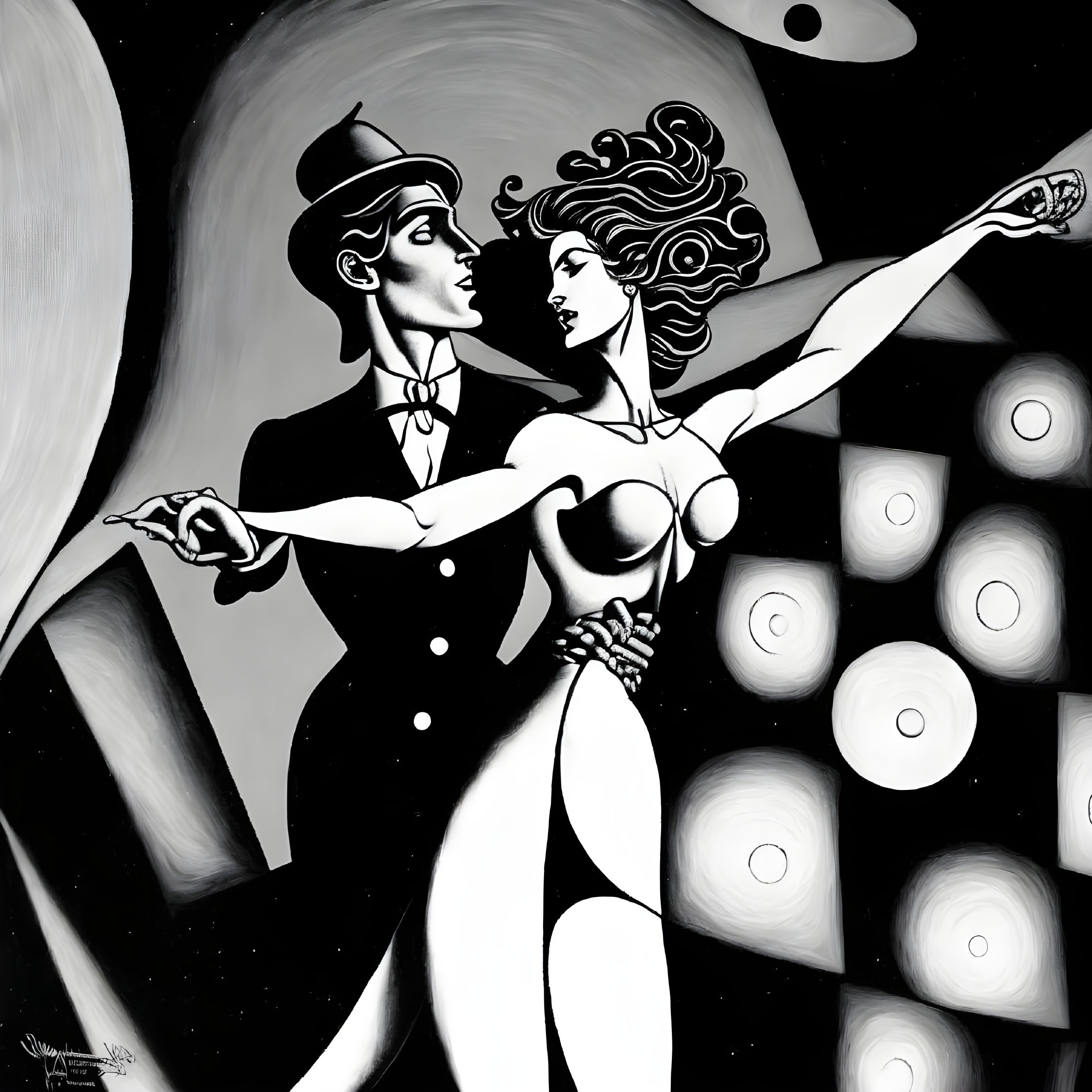 Monochrome illustration of elegant couple dancing in formal attire