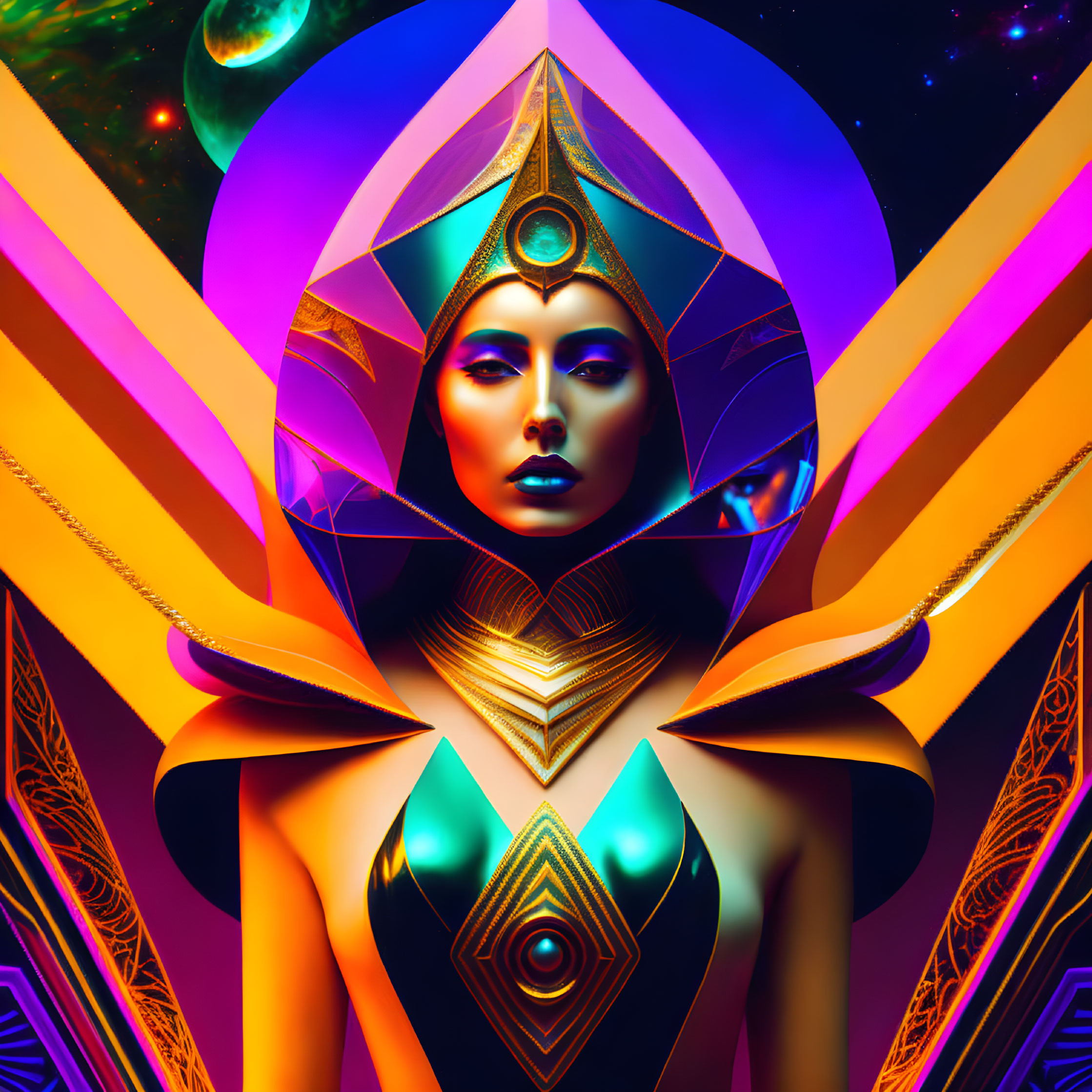 Digital artwork: Stylized female figure in futuristic Egyptian headgear on cosmic background.