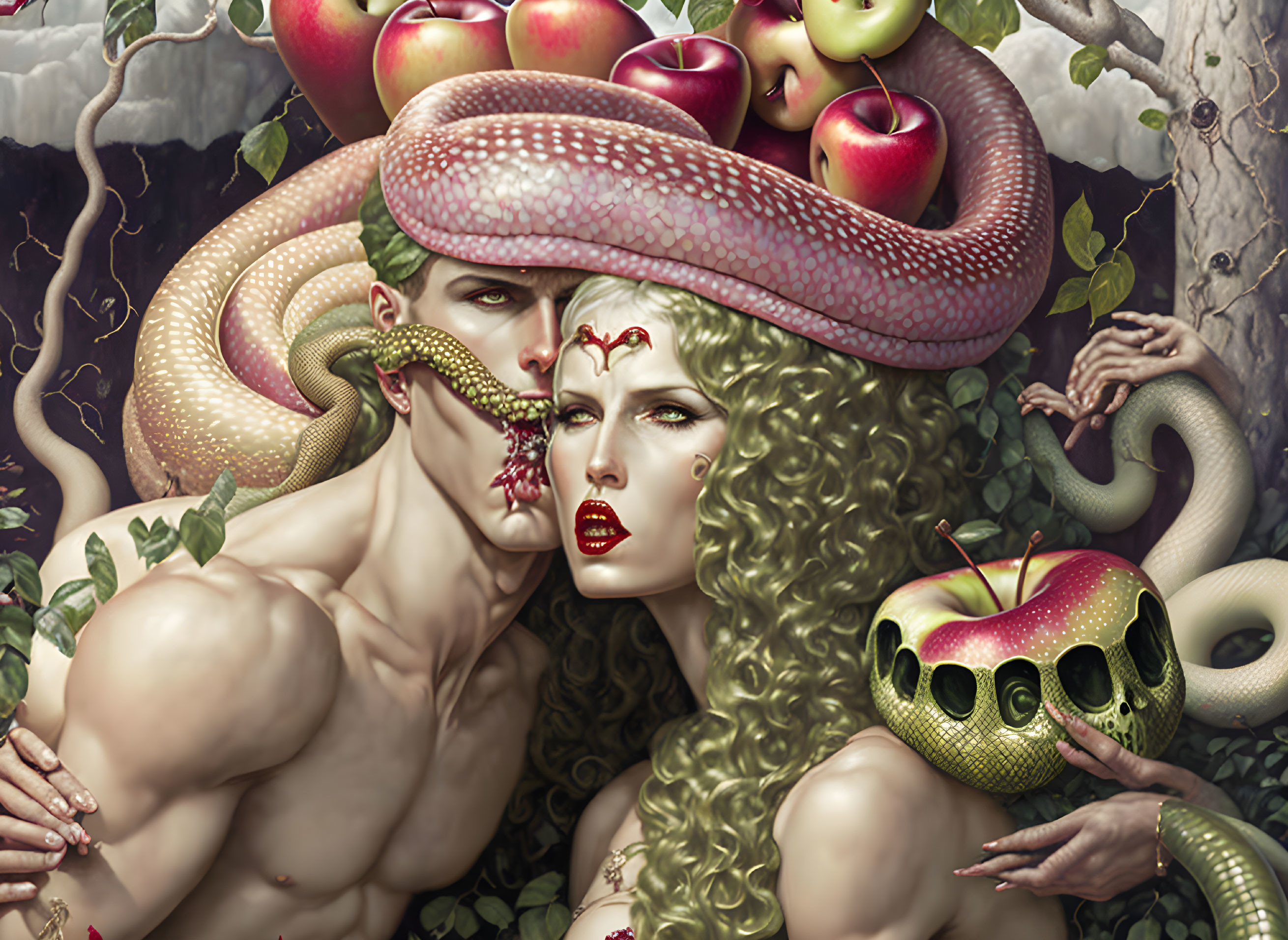 Adam and Eve with serpent in Garden of Eden surrounded by apples