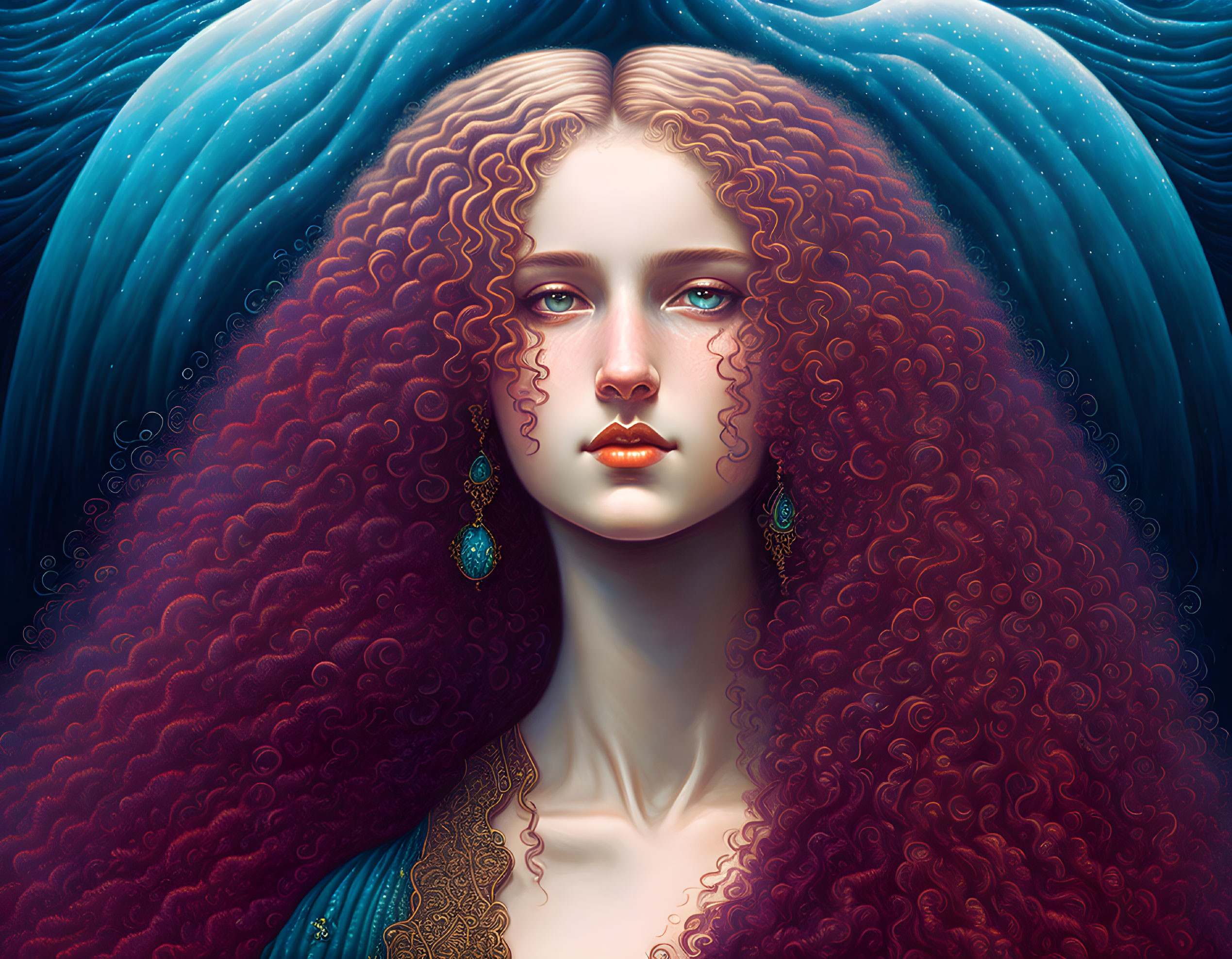 Detailed digital portrait of woman with curly red hair and turquoise earrings