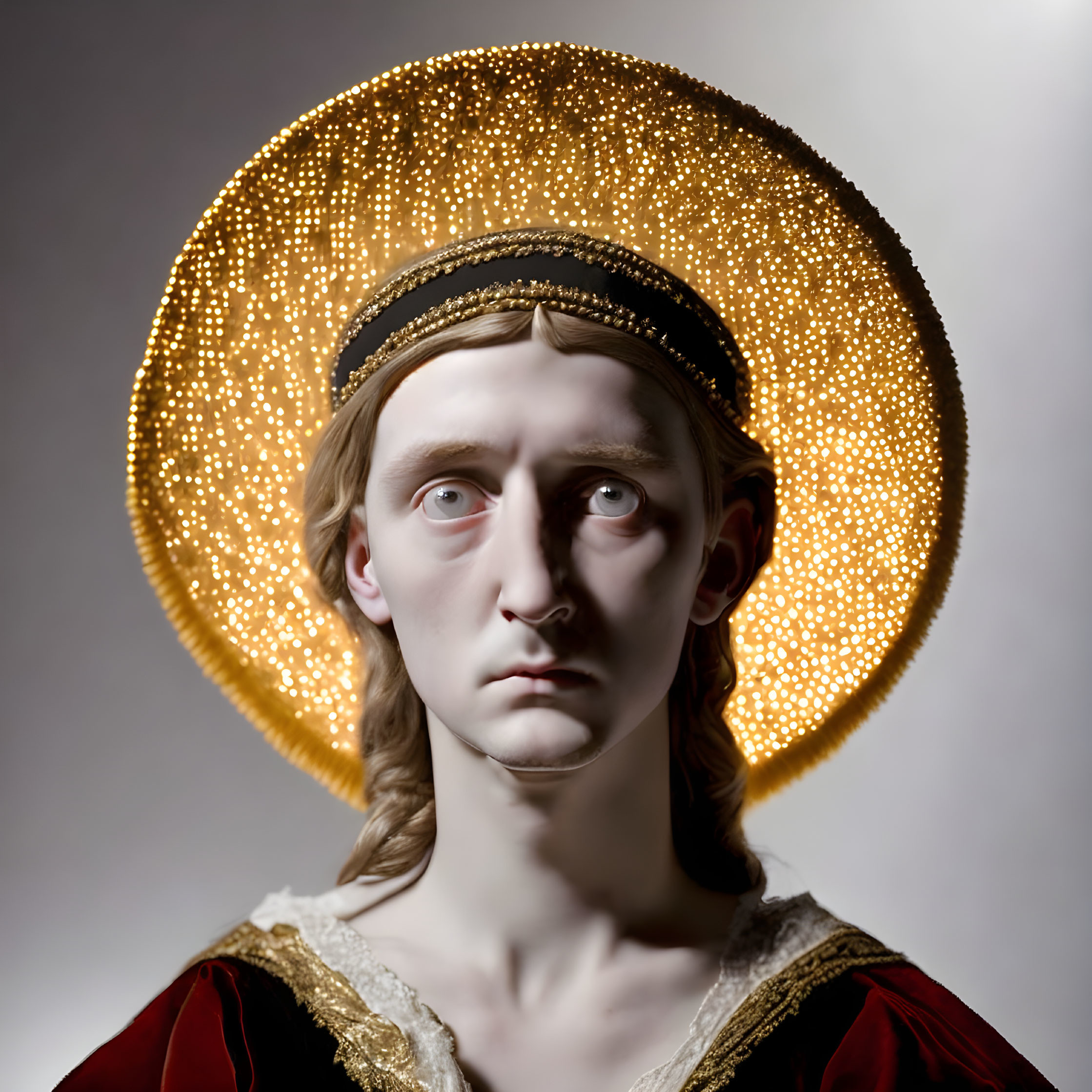 Solemn statue with gilded halo in red and black garment