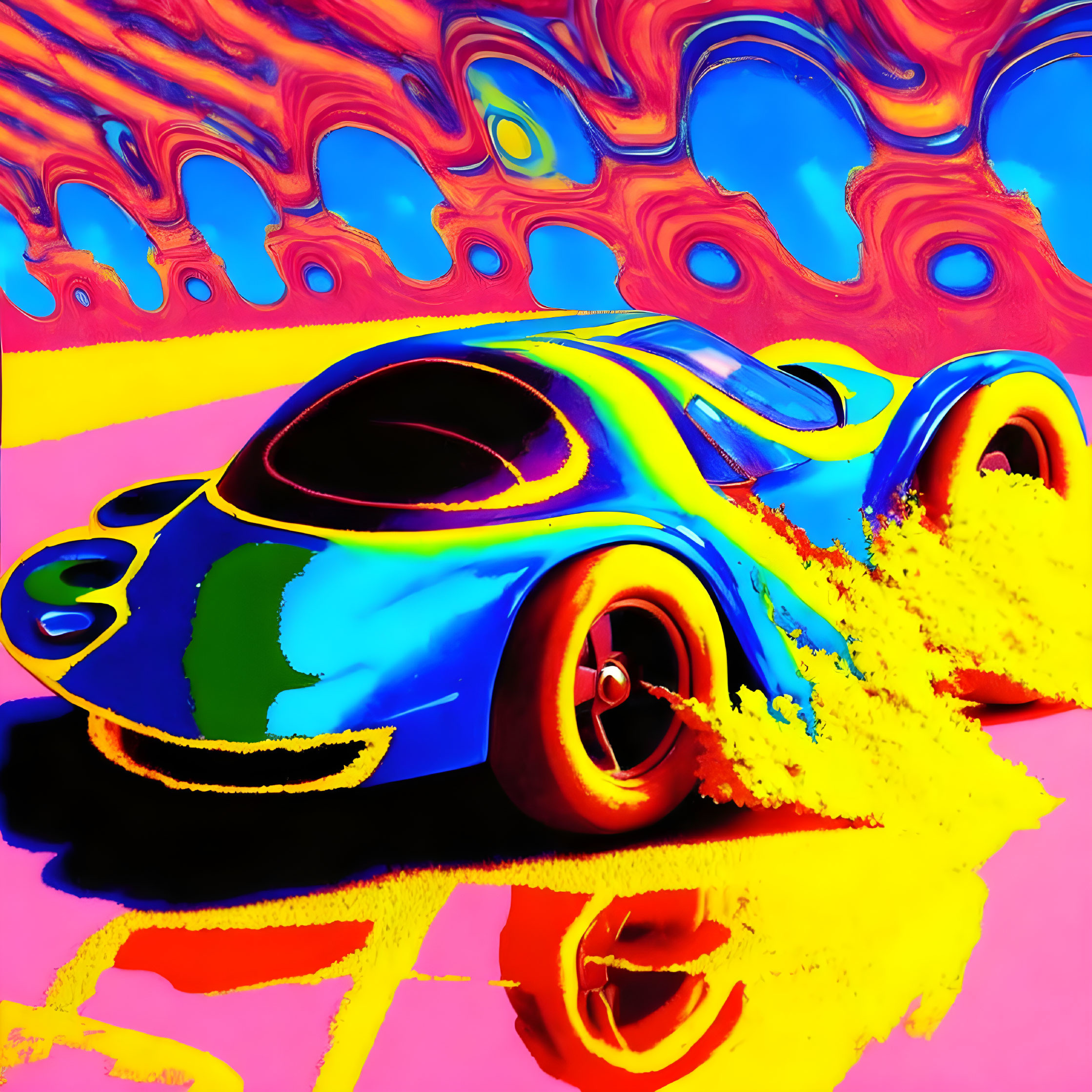 Colorful cartoon car on vibrant psychedelic background