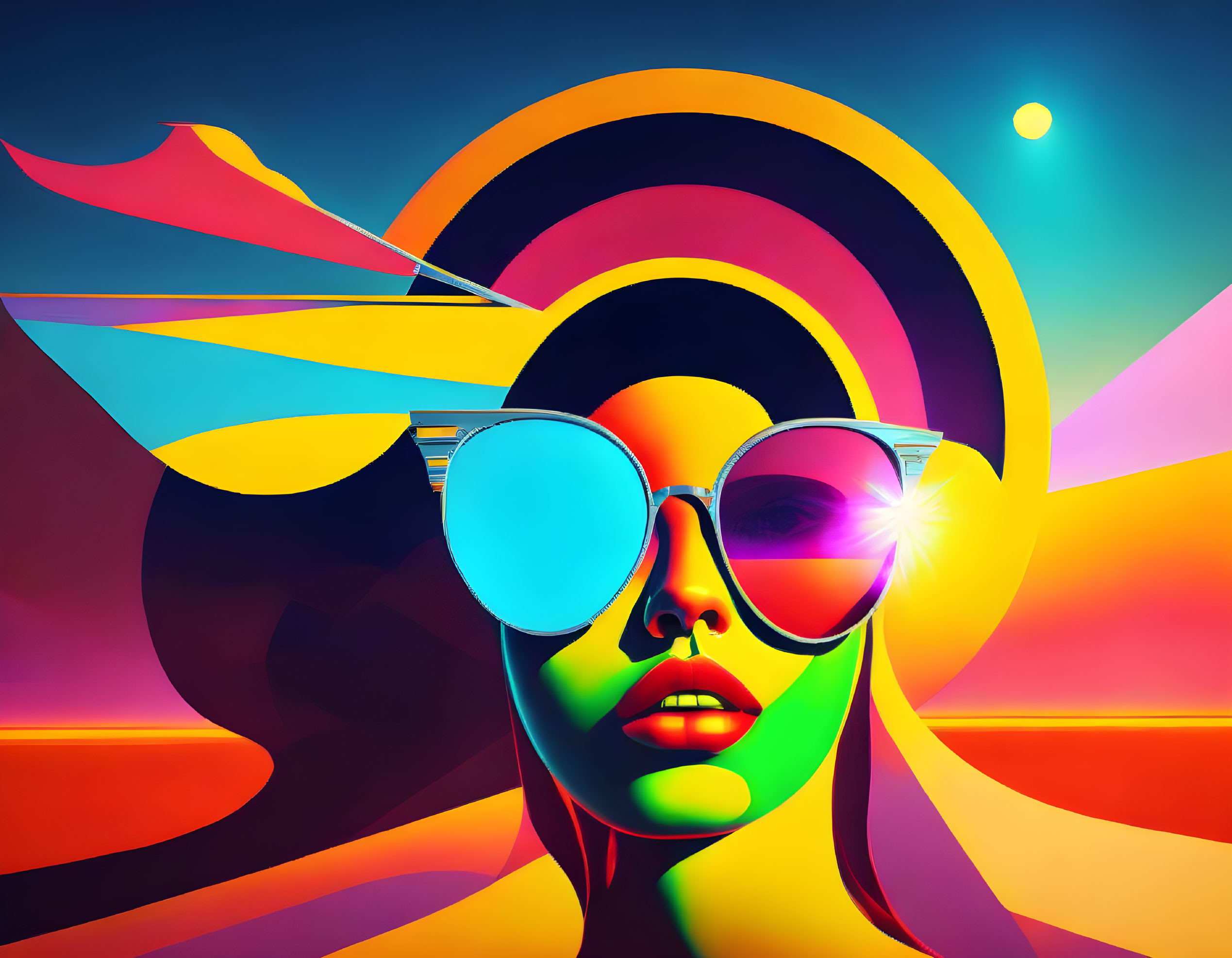 Colorful digital artwork of woman with sunglasses and abstract shapes