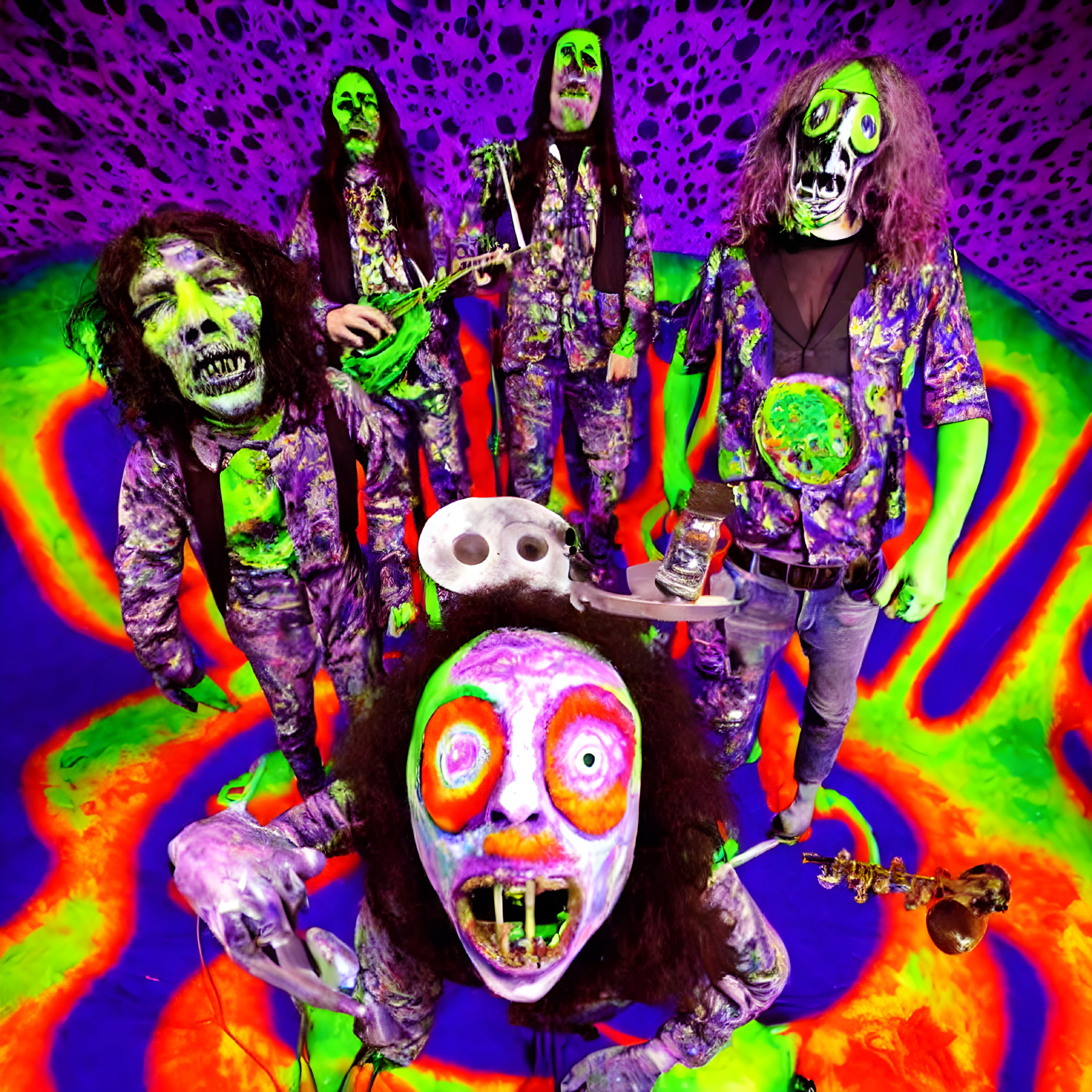 Psychedelic zombie band with tie-dye background