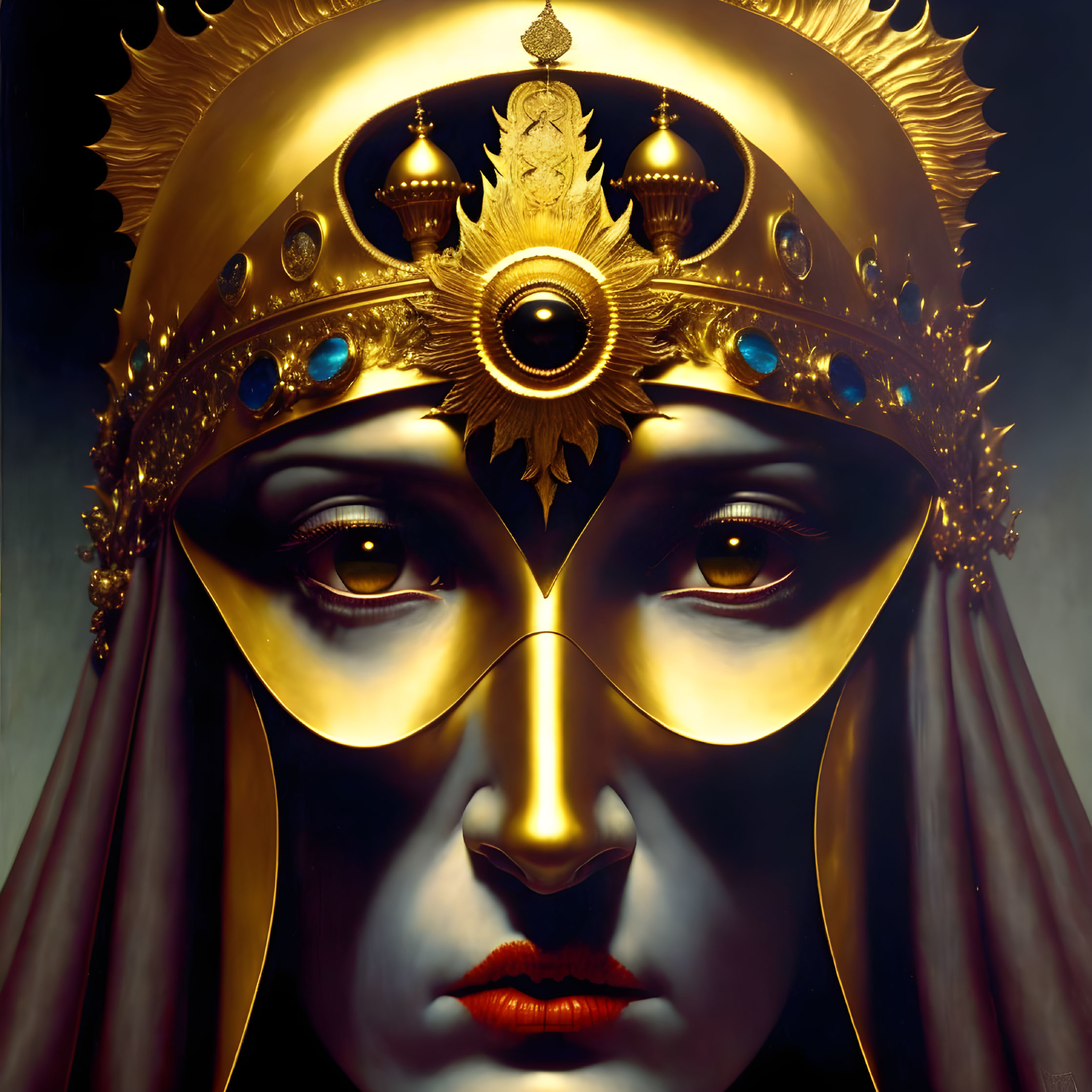 Majestic female figure with ornate golden headdress & eye motif