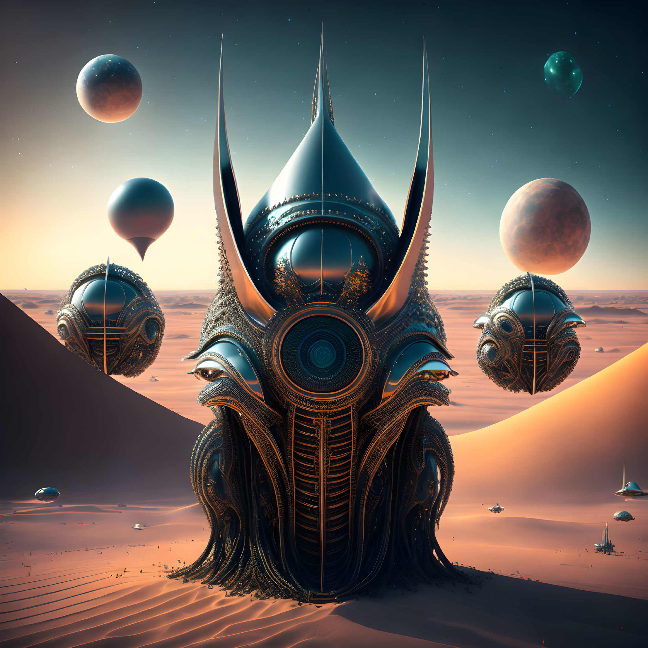 Futuristic desert landscape with alien-like structure and floating objects