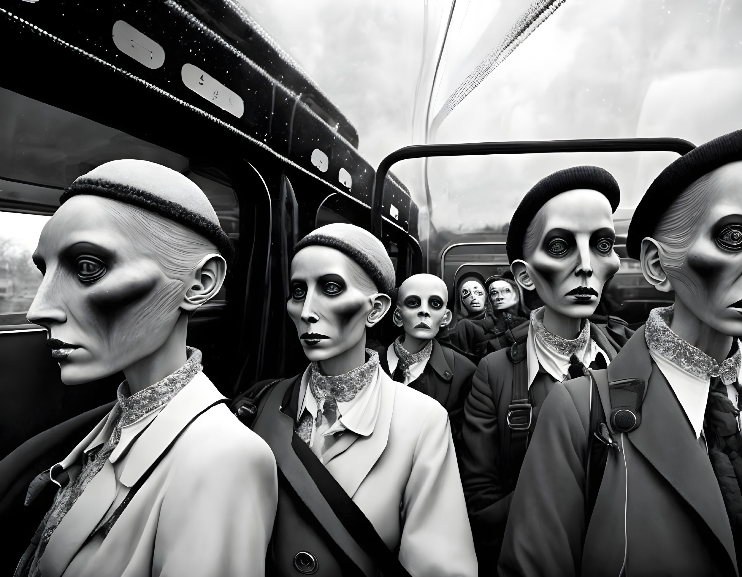 Monochrome art: People with mannequin-like makeup on bus