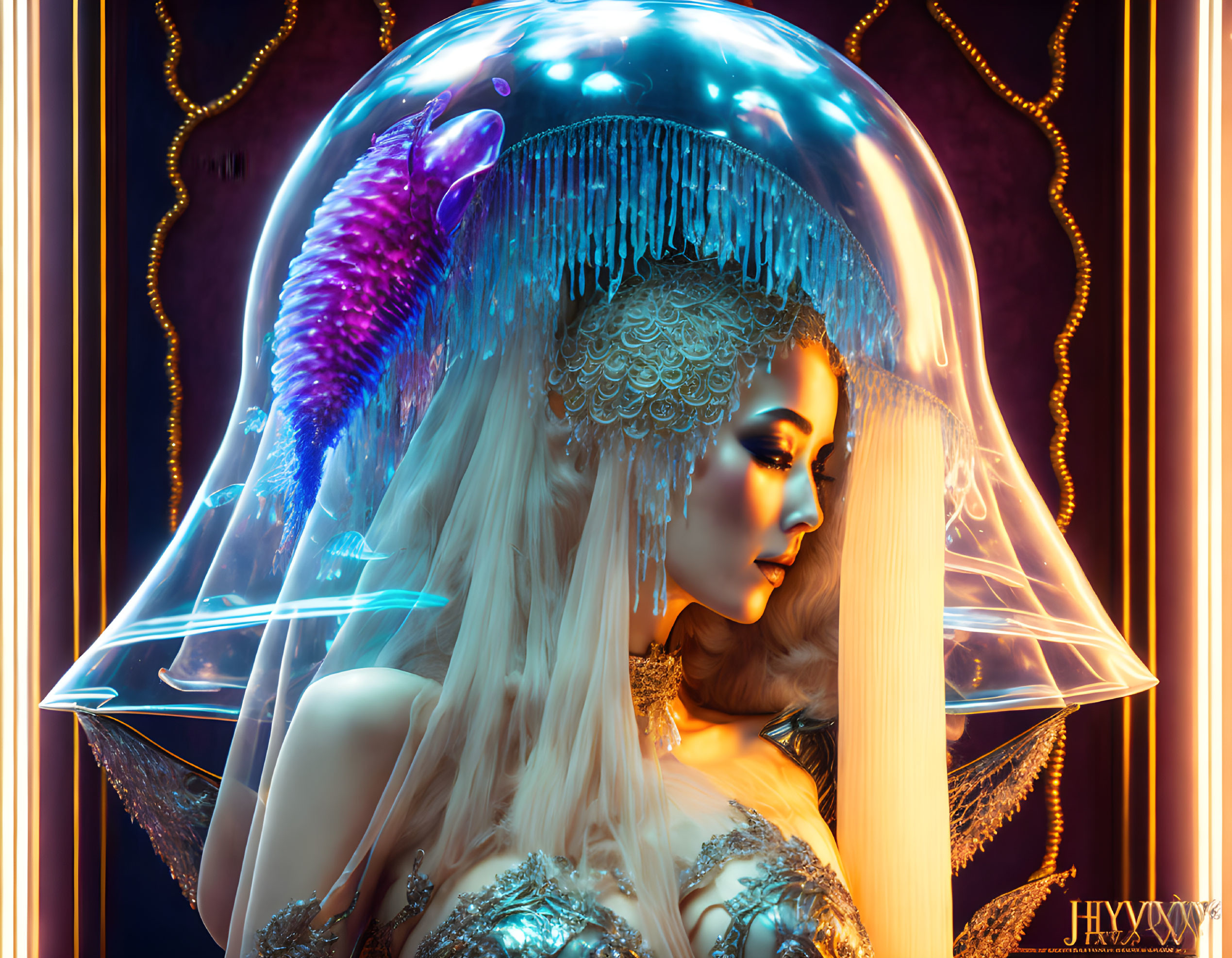 Futuristic woman with ornate headdress and glowing purple coral structure