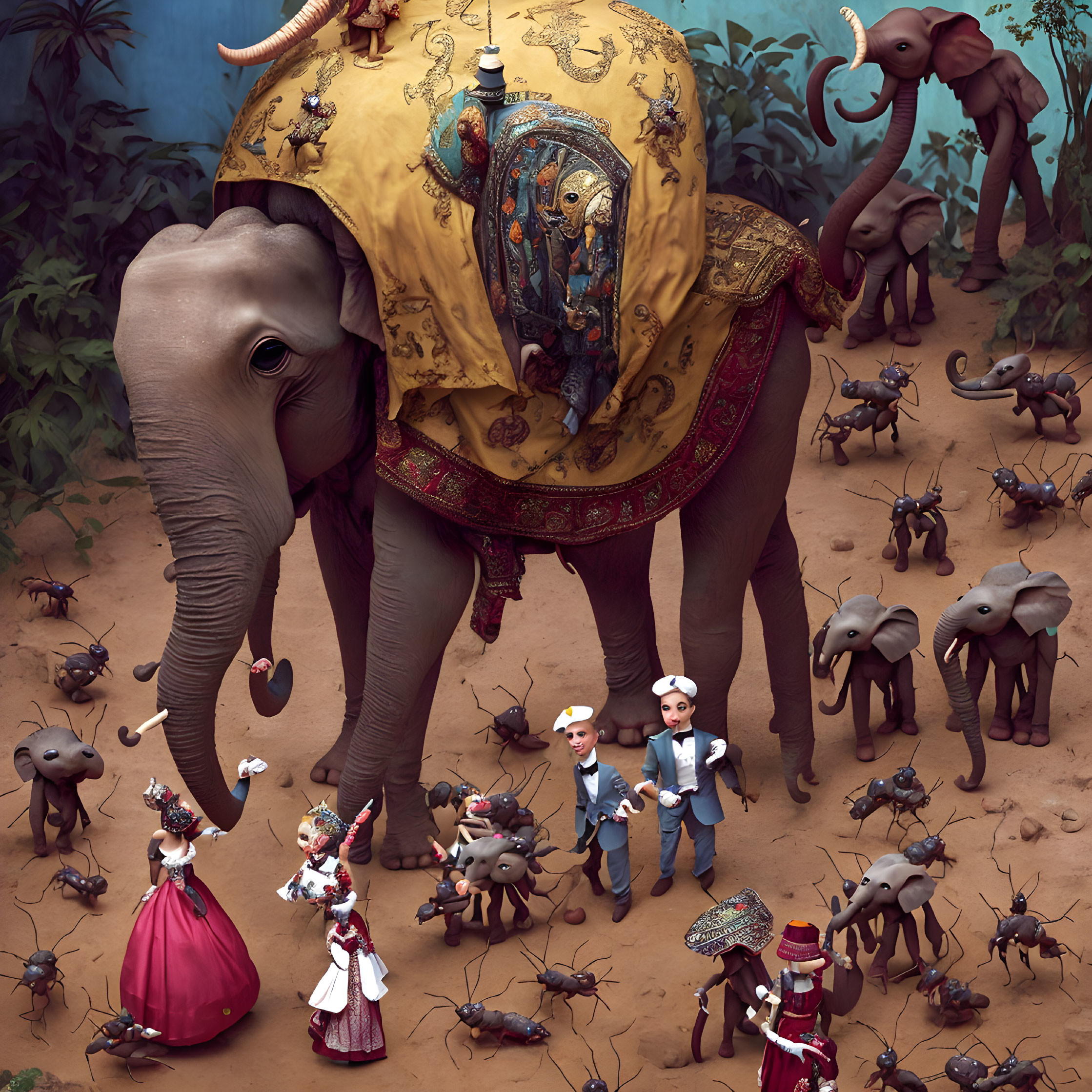 Surreal illustration of elephants and people in vintage attire