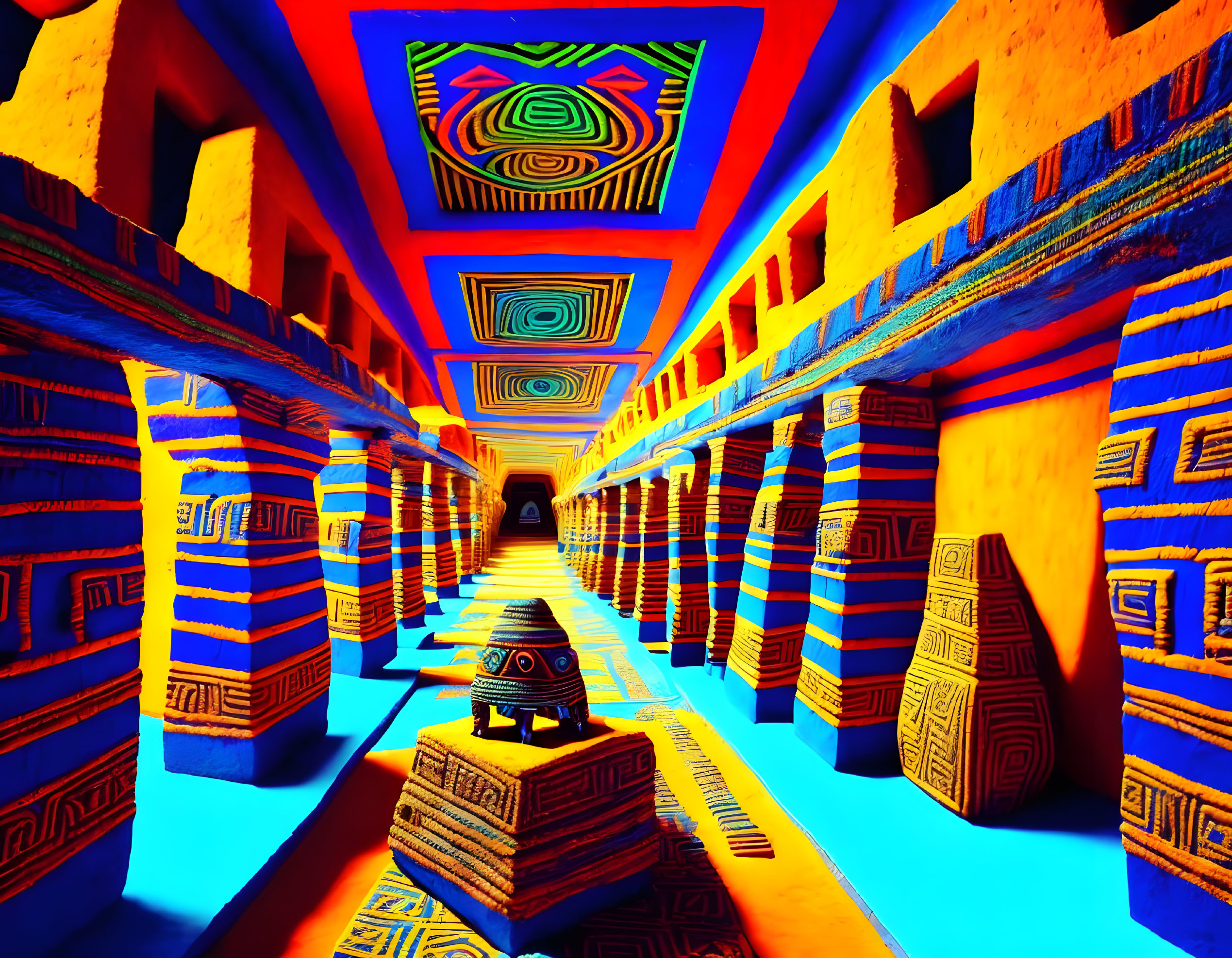 Colorful digital art: Hallway with patterned columns, textured floor, and pyramid structure