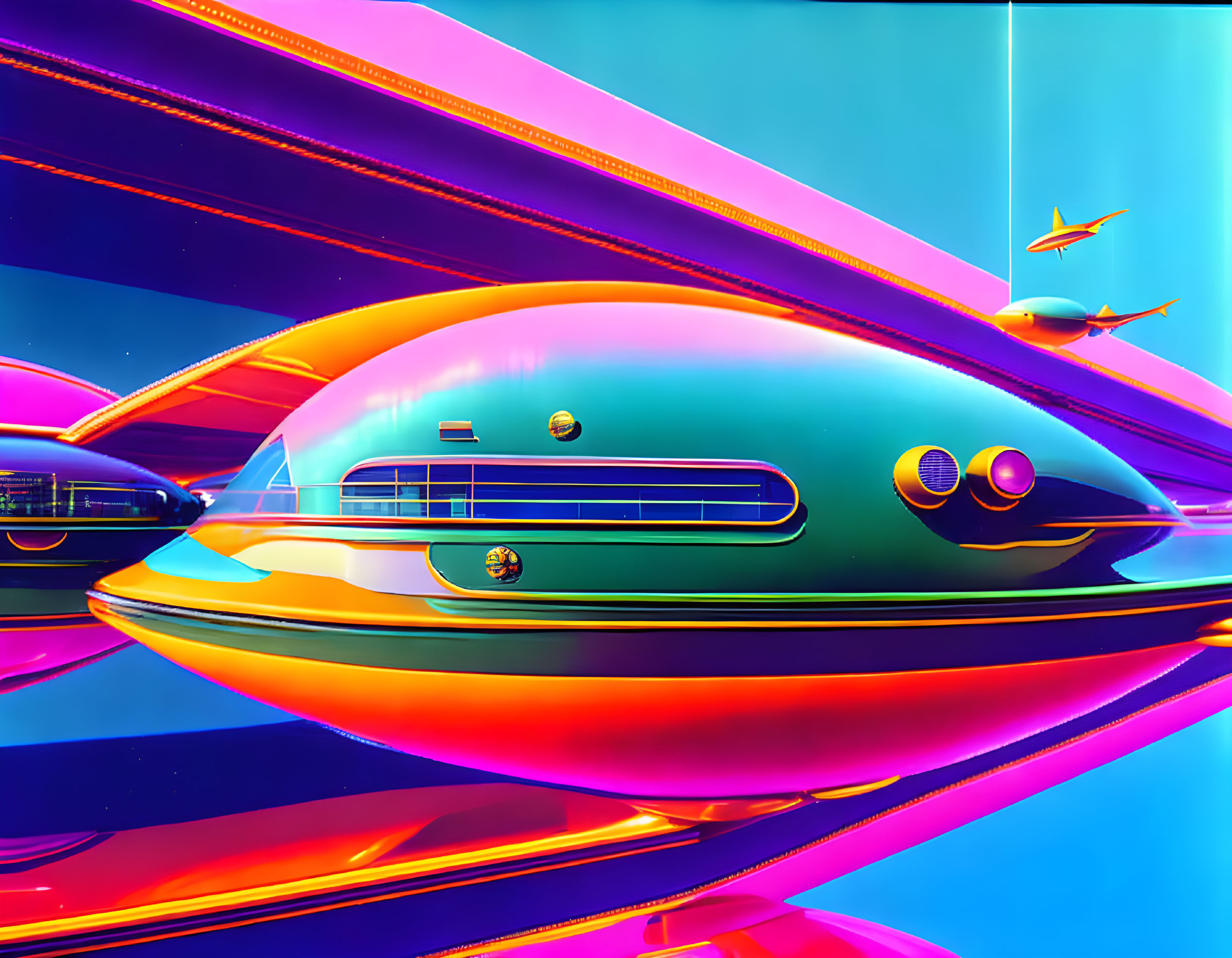 Futuristic hover cars in vibrant neon-lit scene