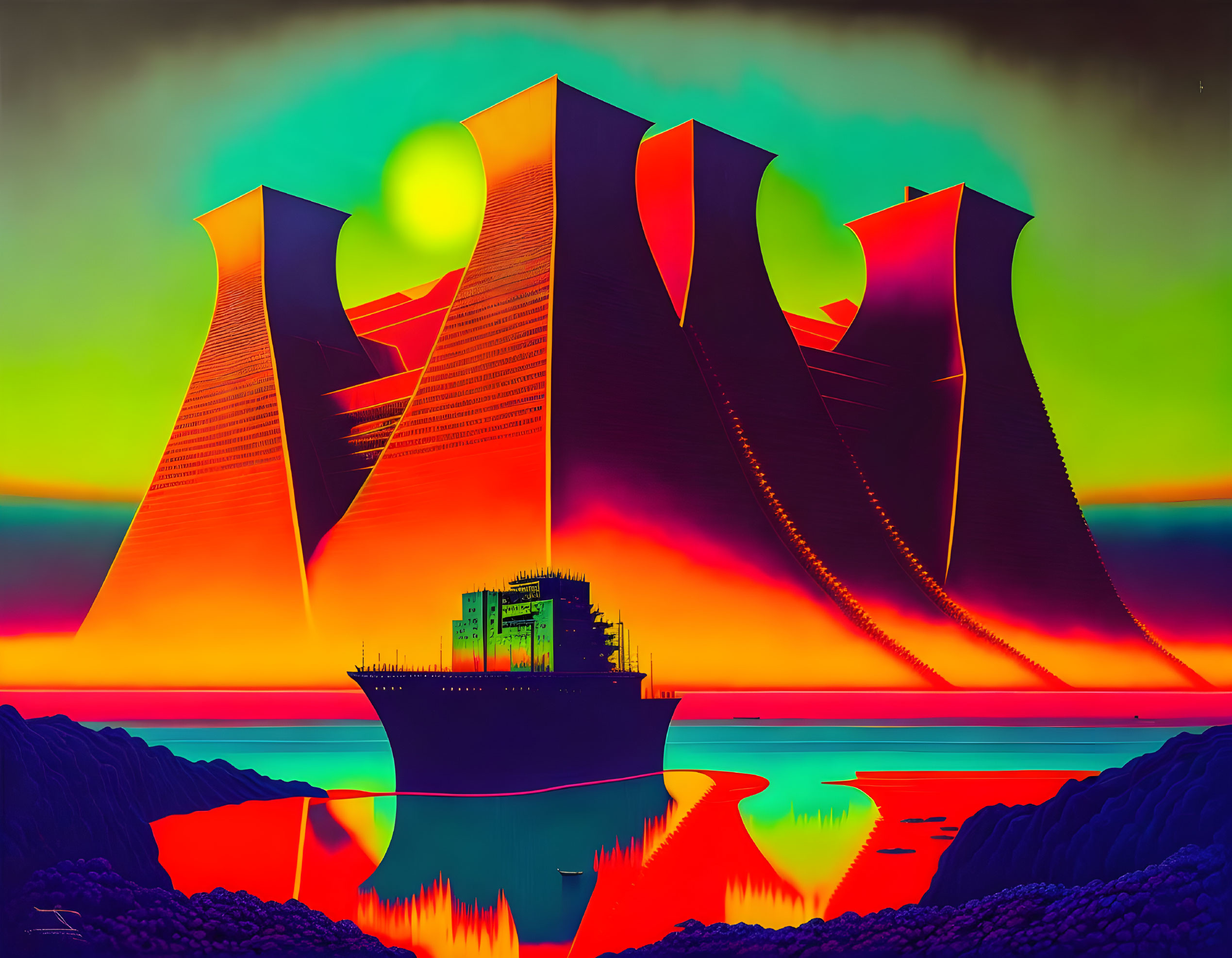 Colorful ship painting with unique sunset scene