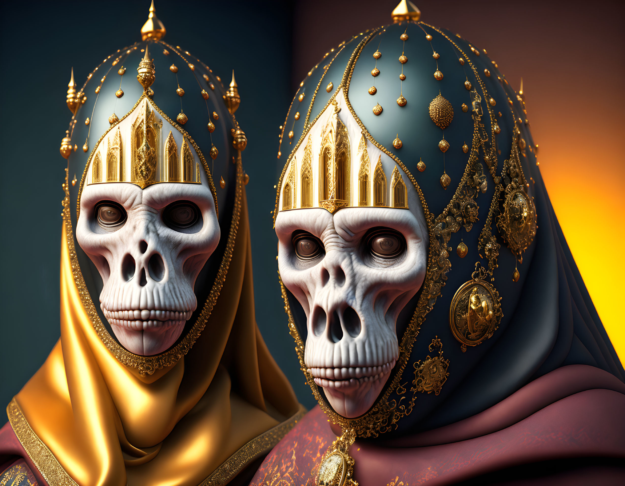 Regal skeletal figures with gold crowns and drapery on gradient background