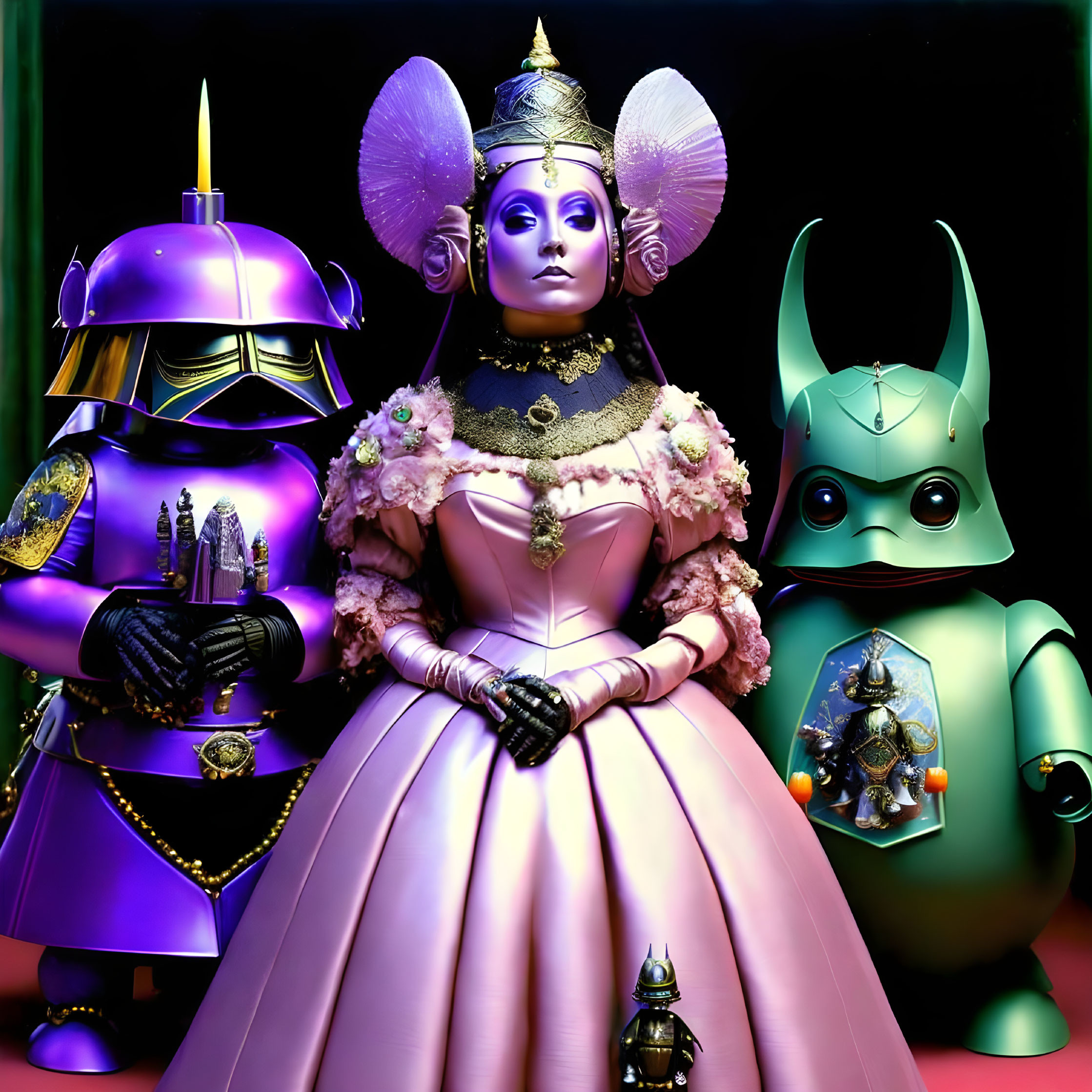 Whimsical futuristic characters in pink, green, and purple armor on dark background