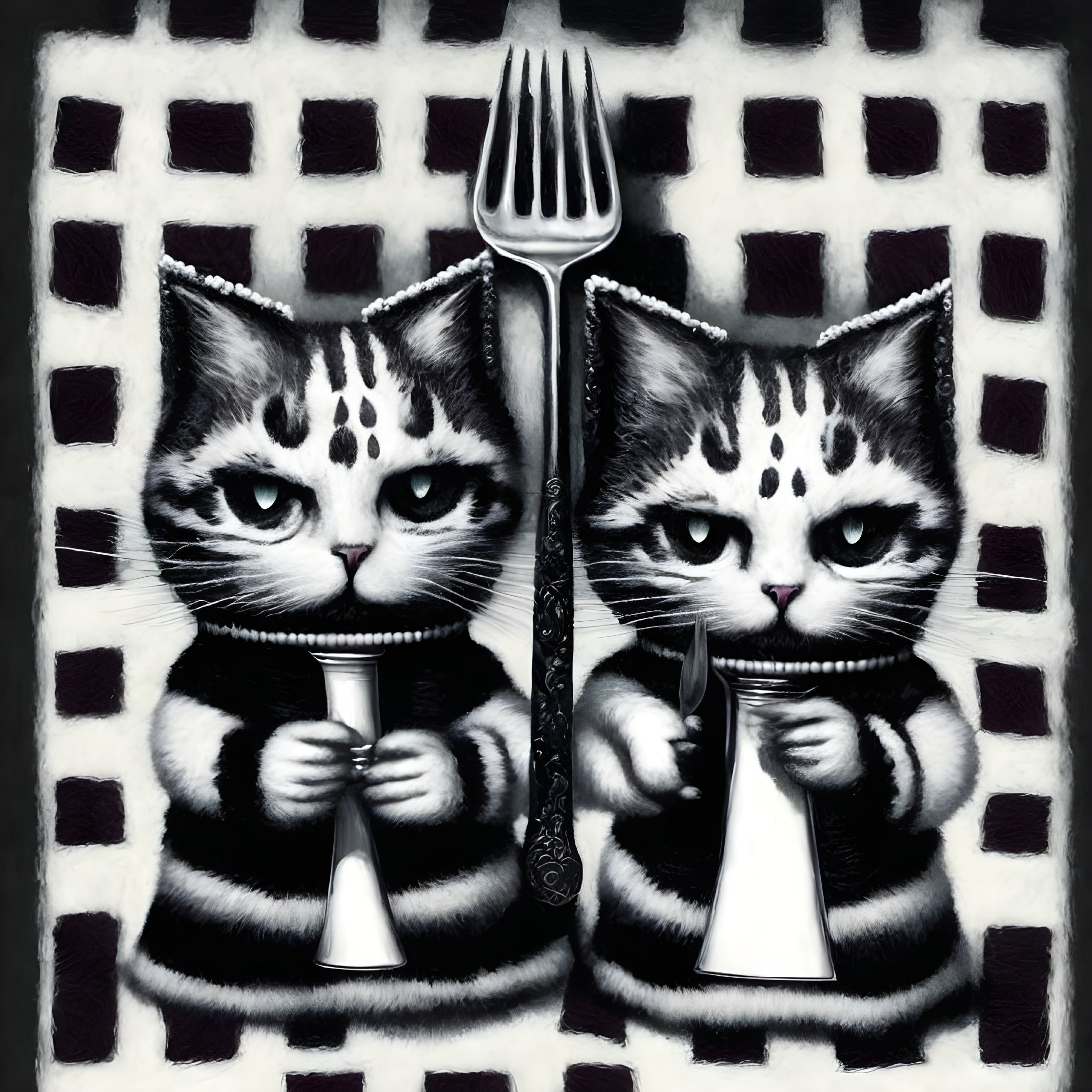 Illustrated cats in vests on checkerboard backdrop with fork and knife