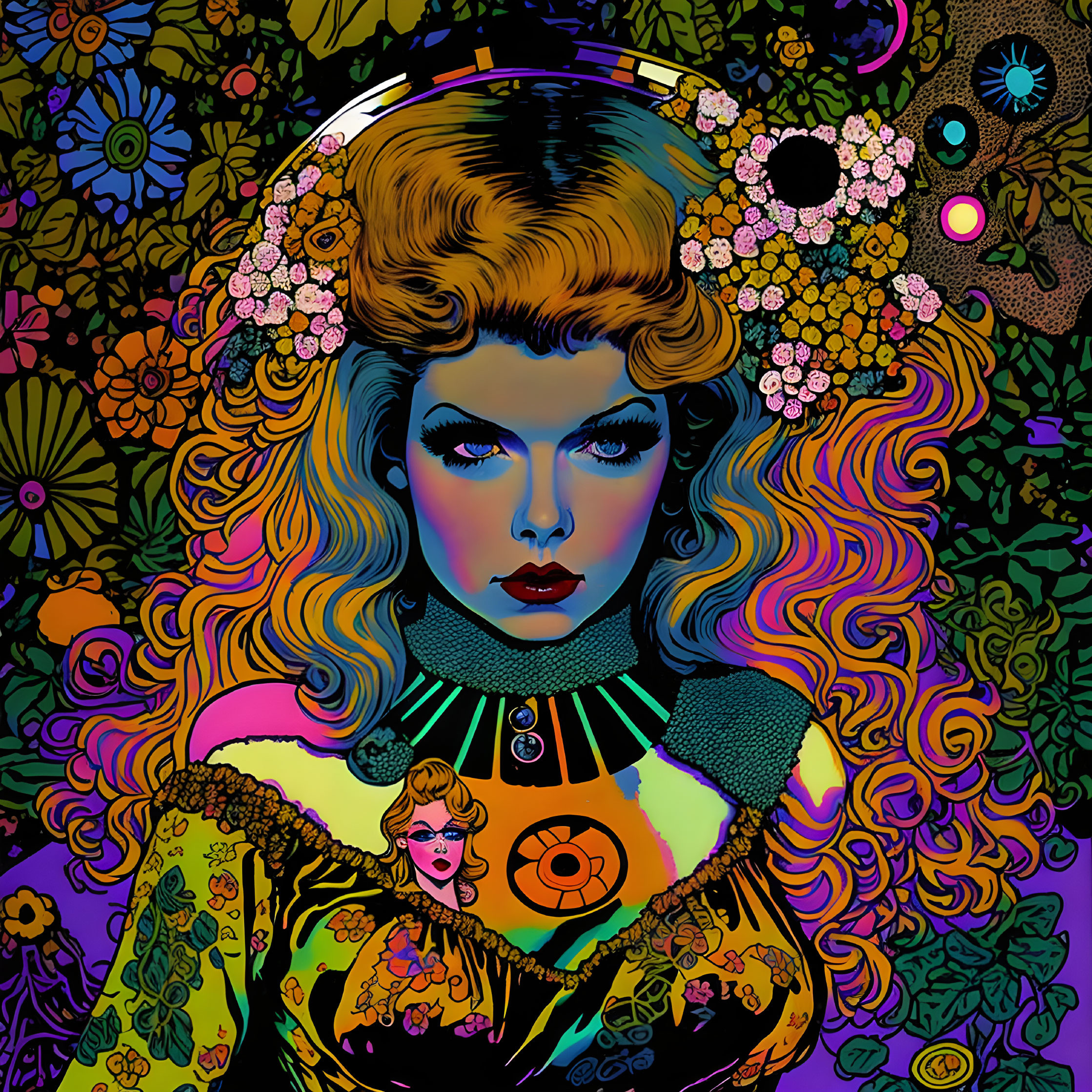 Colorful Illustration: Woman with Blue Eyes & Yellow Hair in Psychedelic Setting