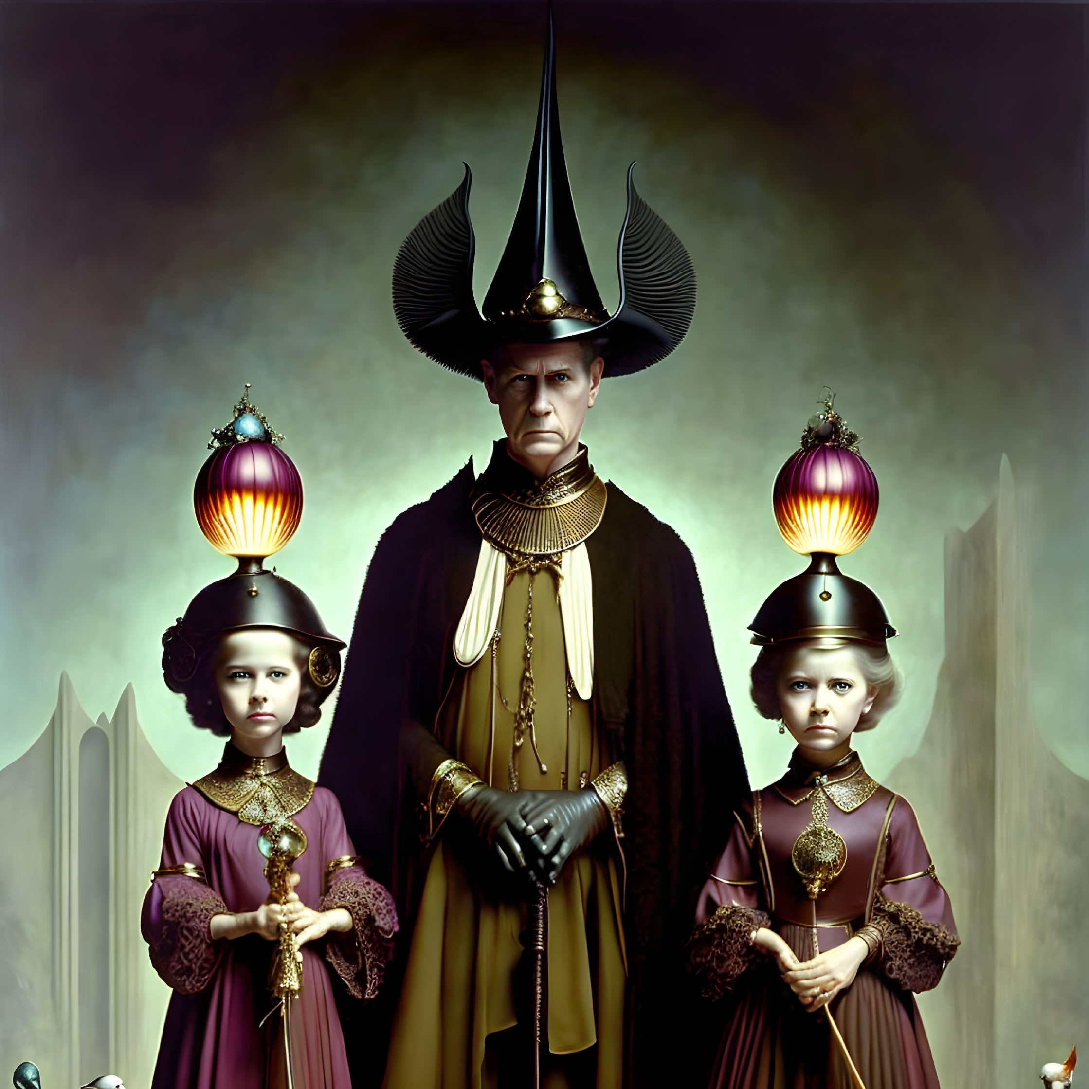 Man in Black Costume with Children Holding Lanterns in Moody Setting