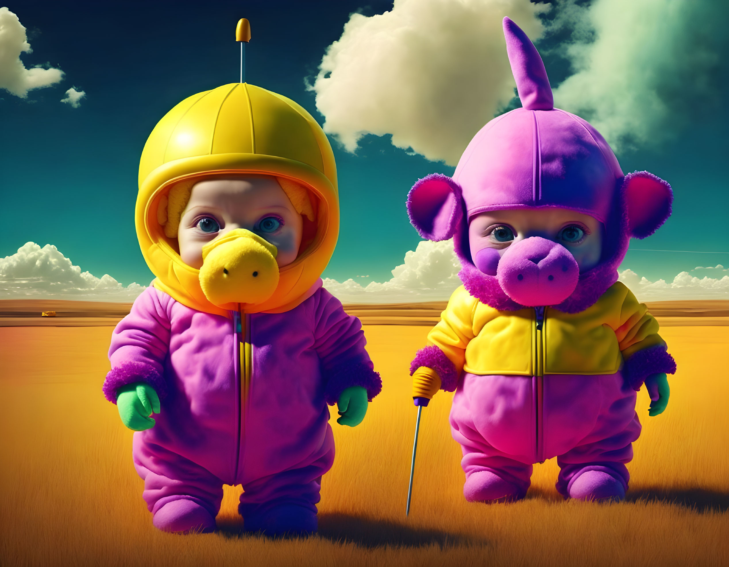 Vibrant animal suit characters against dramatic desert backdrop