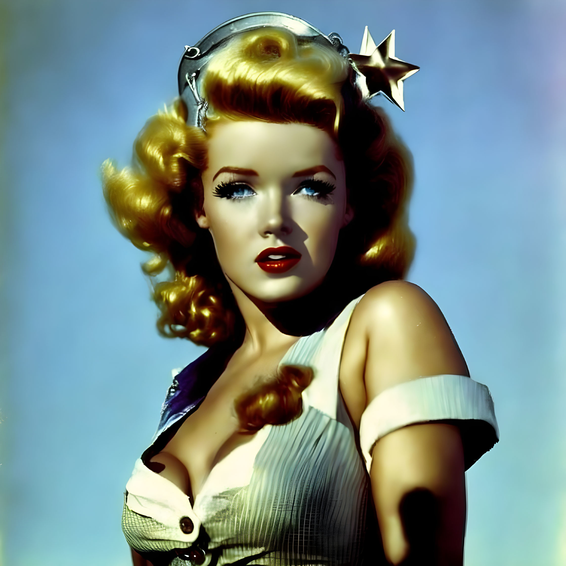 Vintage Portrait: Woman with Golden Hair in Retro Space Helmet and Star Accessory