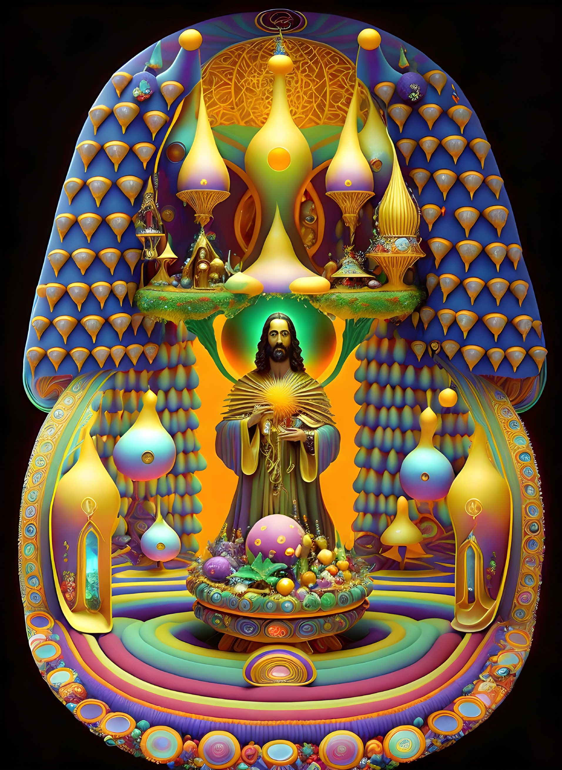 Vibrant digital artwork with central figure and symmetrical patterns