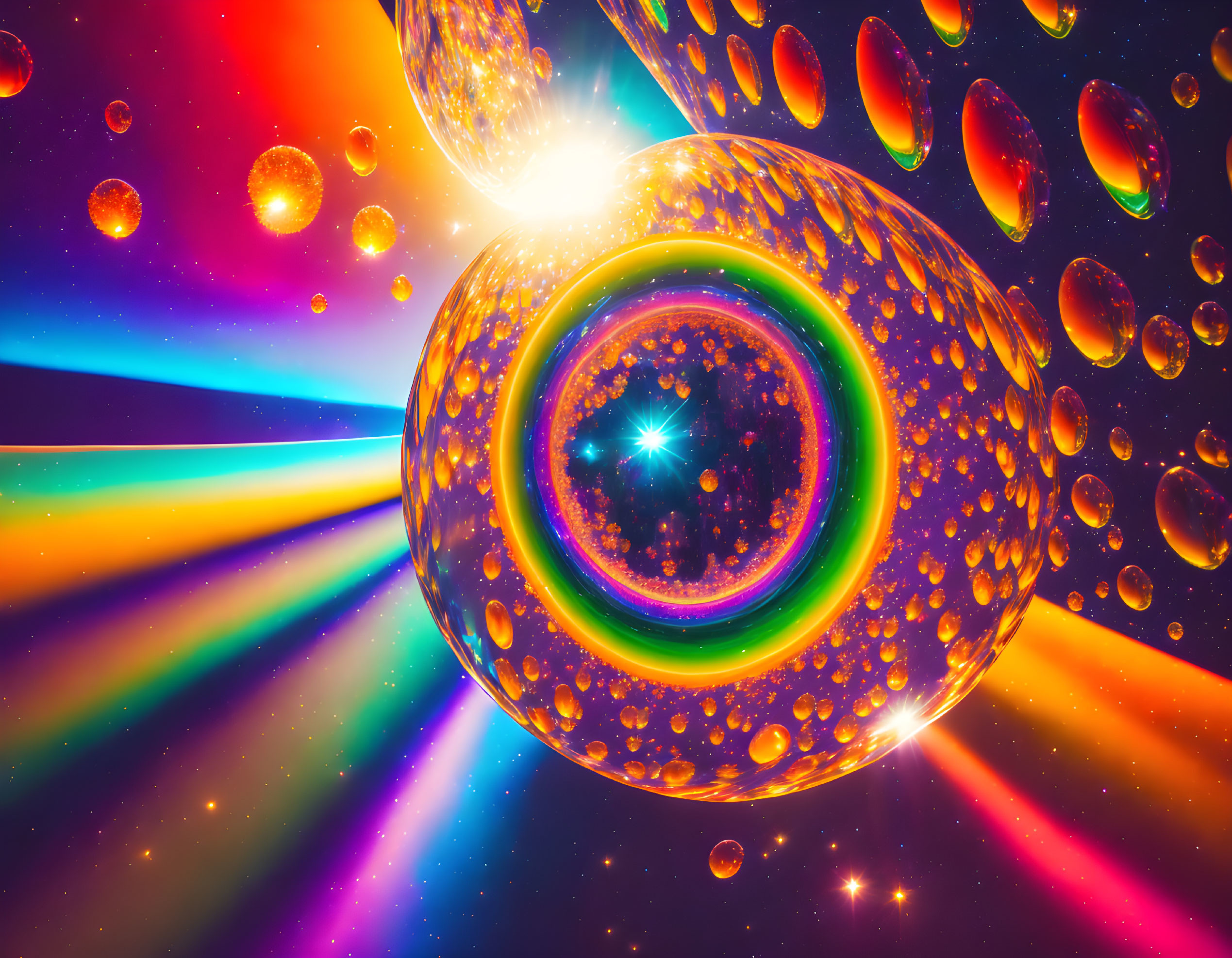 Colorful light beams intersecting behind translucent bubbles in cosmic fractal design