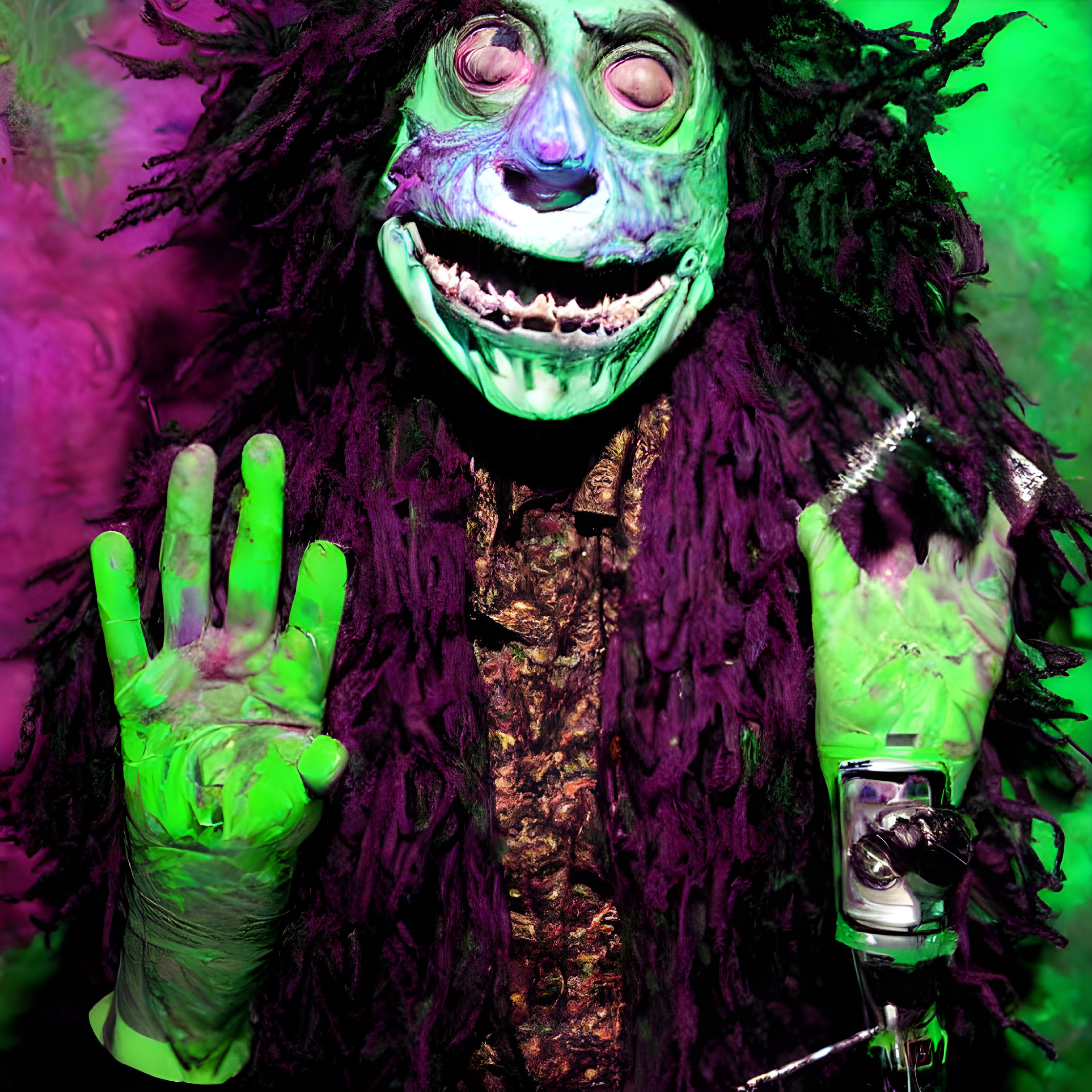 Vibrant green-skinned character with neon green hand on purple background