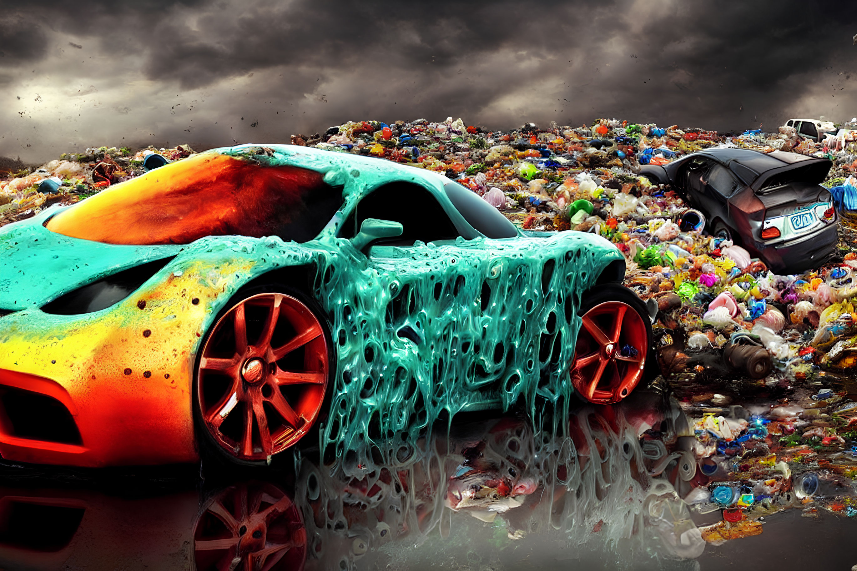 Colorful sports car covered in slime next to buried car in trash heap under stormy sky