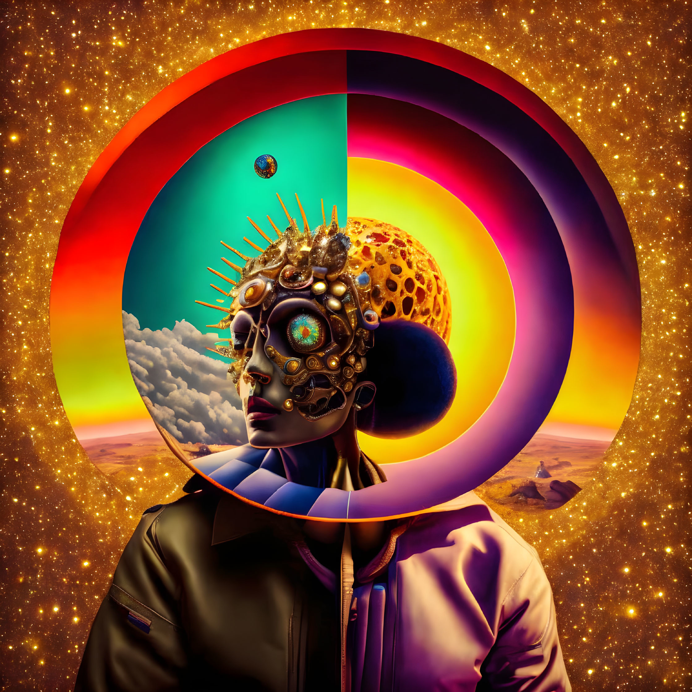 Vibrant surreal portrait with cosmic and mechanical elements