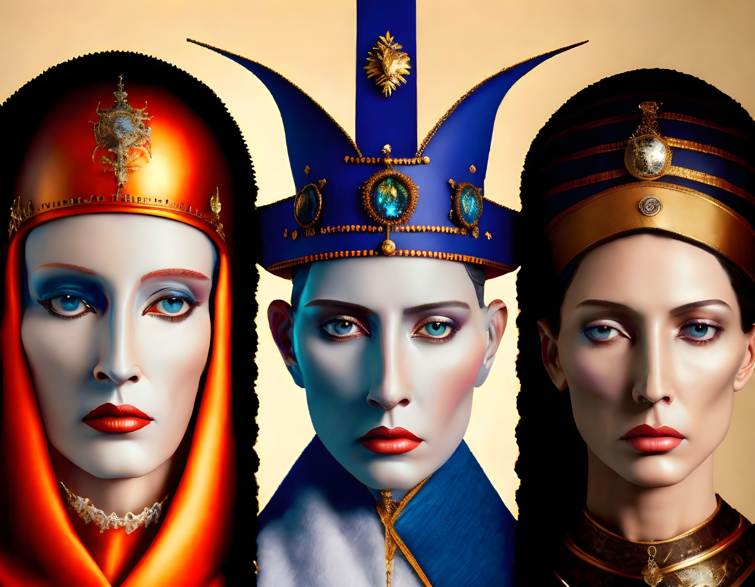 Female mannequins in ornate historical headdresses on gradient backdrop