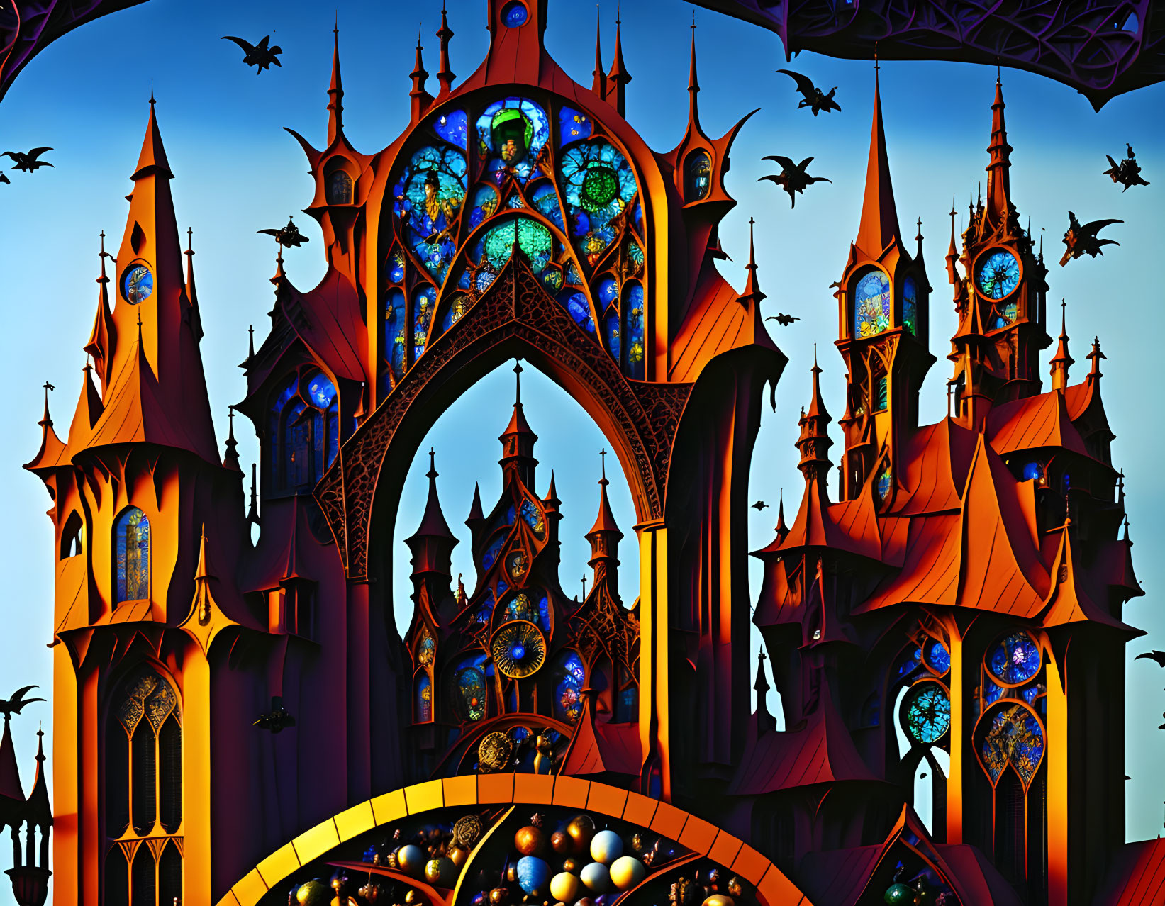 Detailed Illustration of Fantastical Gothic Castle with Spires, Arched Windows, and Flying B