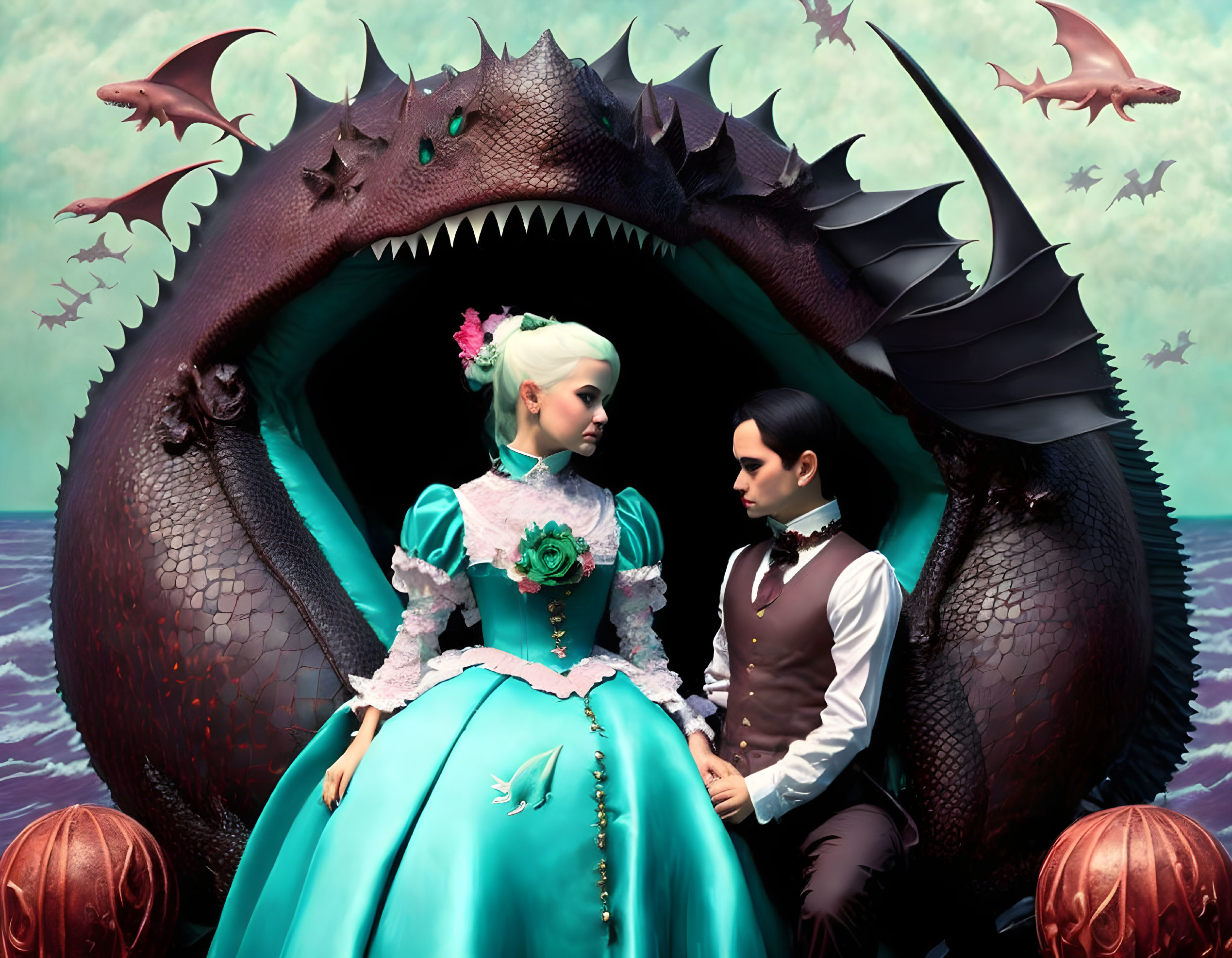 Victorian couple on dragon in surreal setting