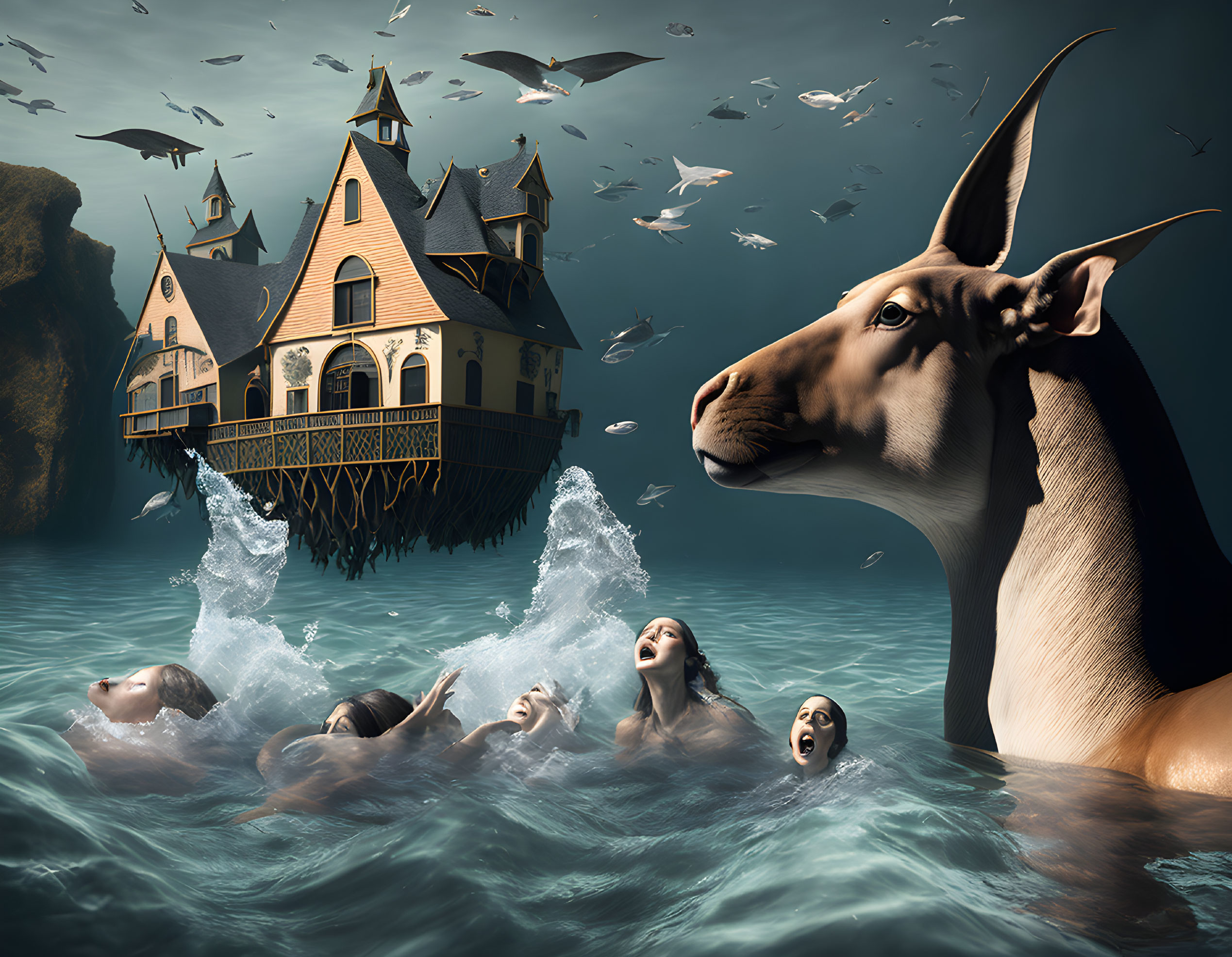 Giant cat head emerging from ocean with swimmers, Victorian house, and flying birds