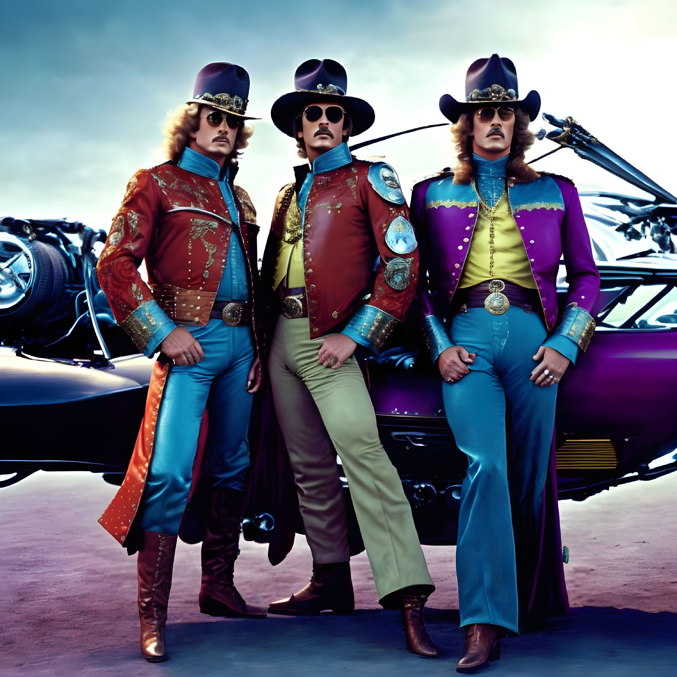 Three men in retro outfits pose by classic car under purple sky