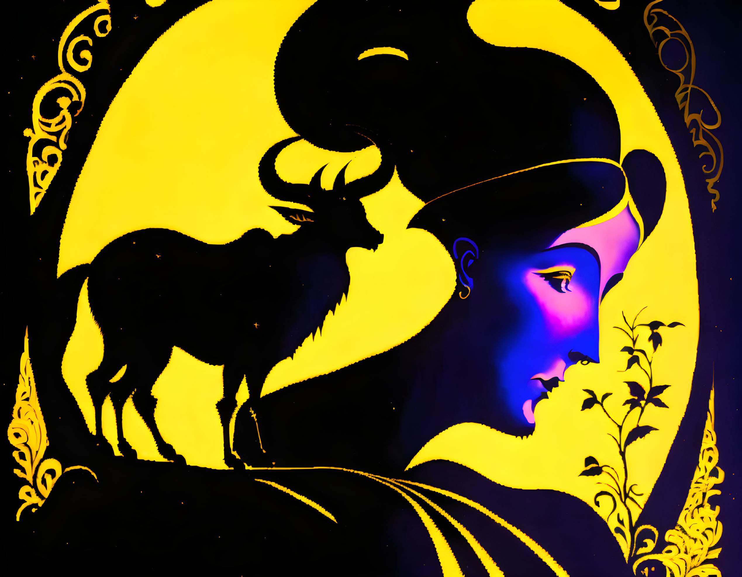 Colorful Silhouette Illustration: Goat, Moon, and Person Profile Integration