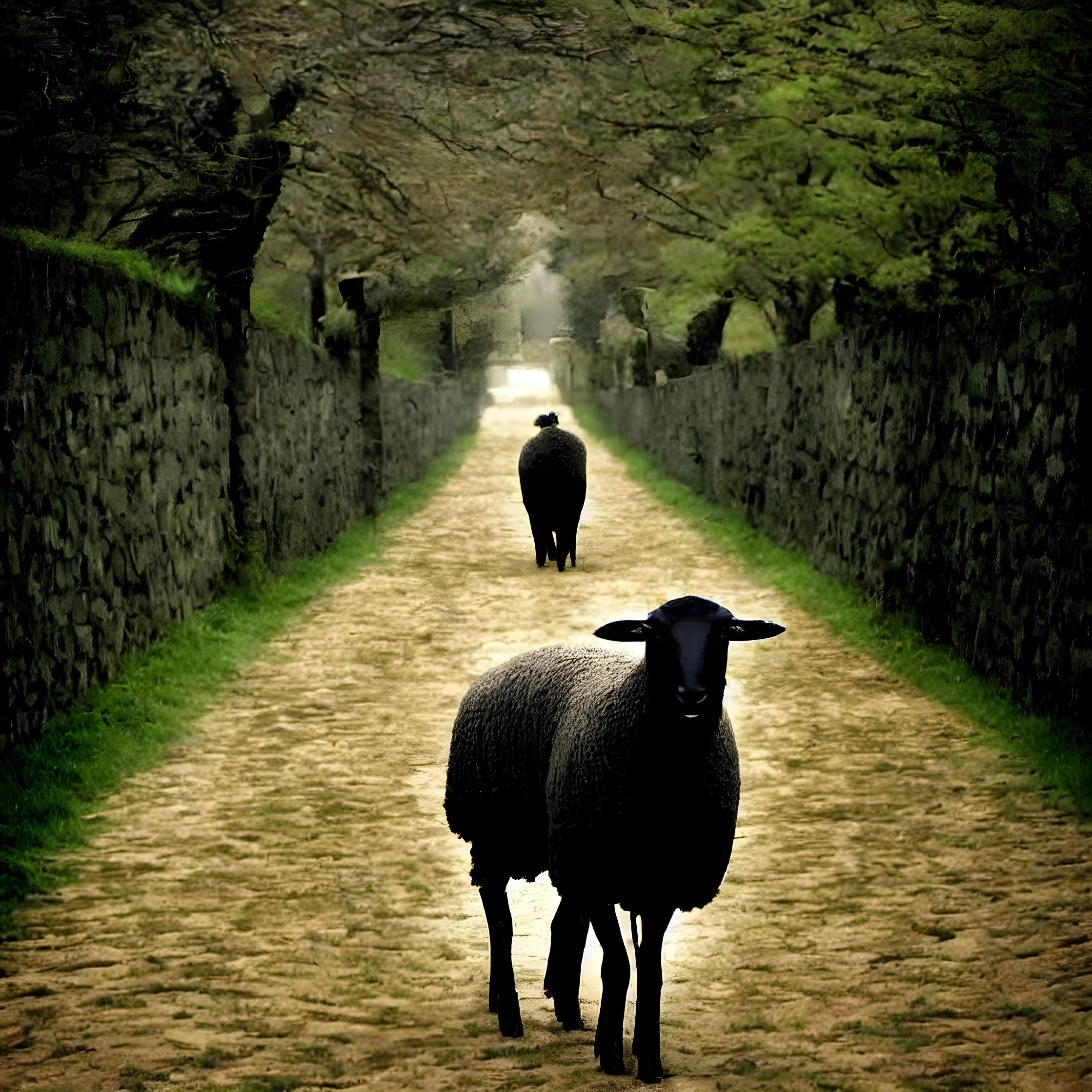 Sheep on tree-lined path with stone walls, human figure in distance