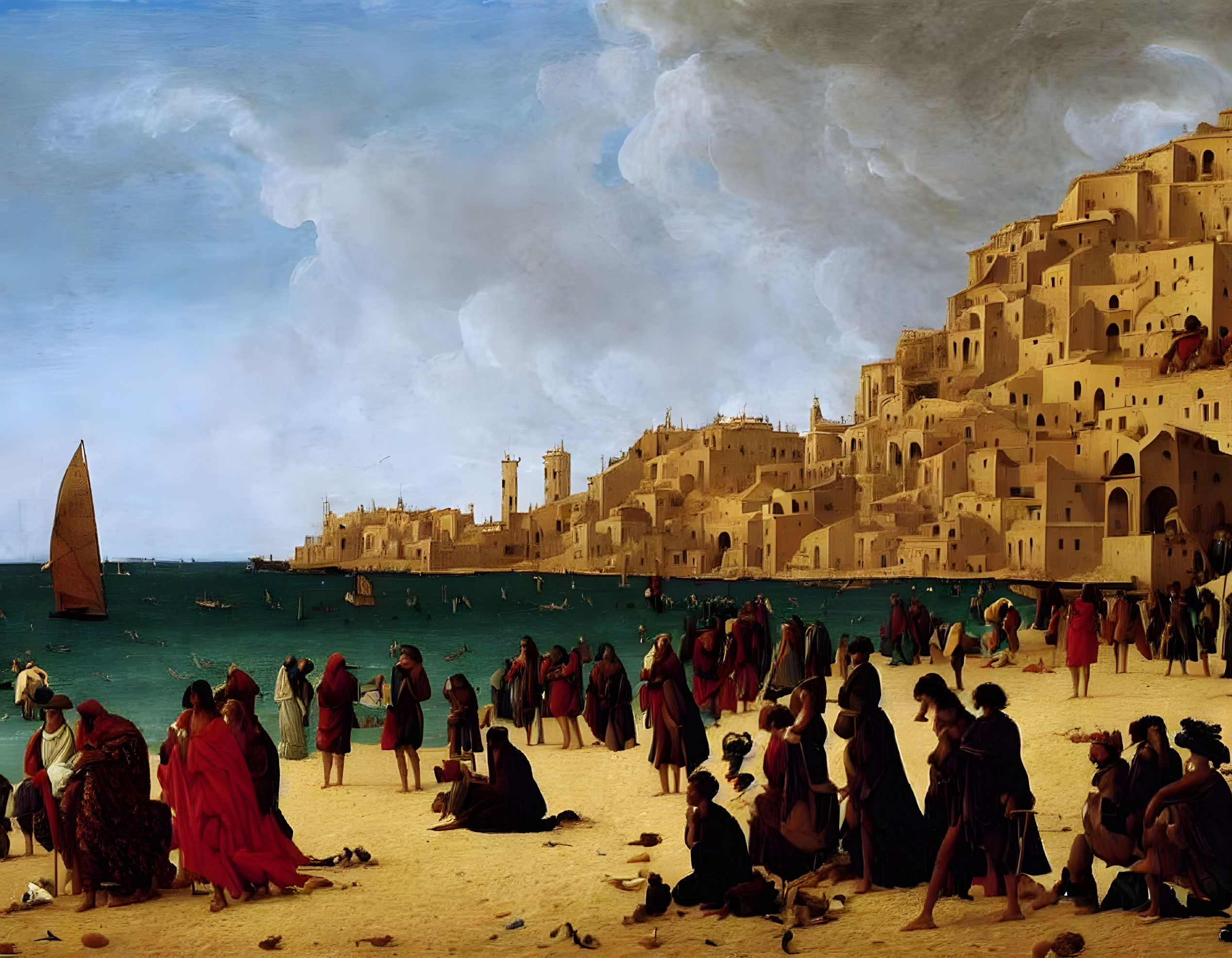 Historical coastal city painting with period clothing, boats, and dynamic sky