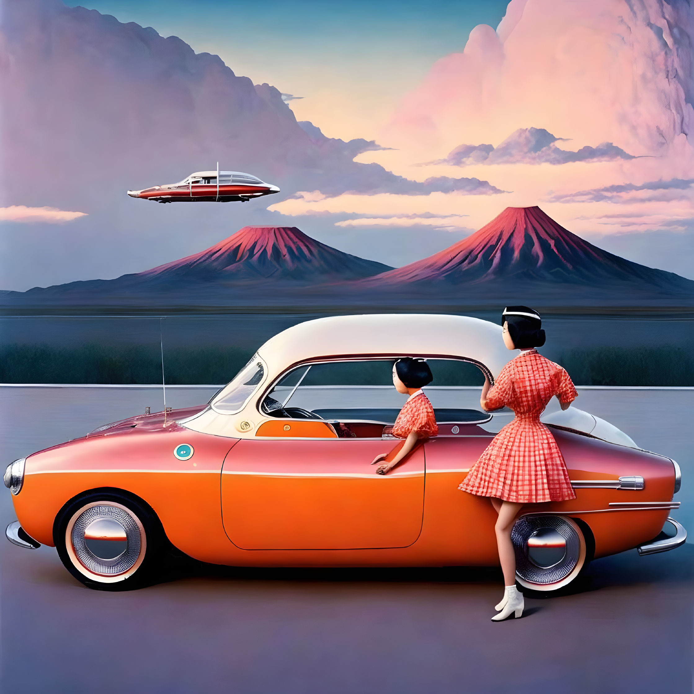 Two women in matching outfits by vintage orange car, futuristic vehicle, twin volcanoes at dusk