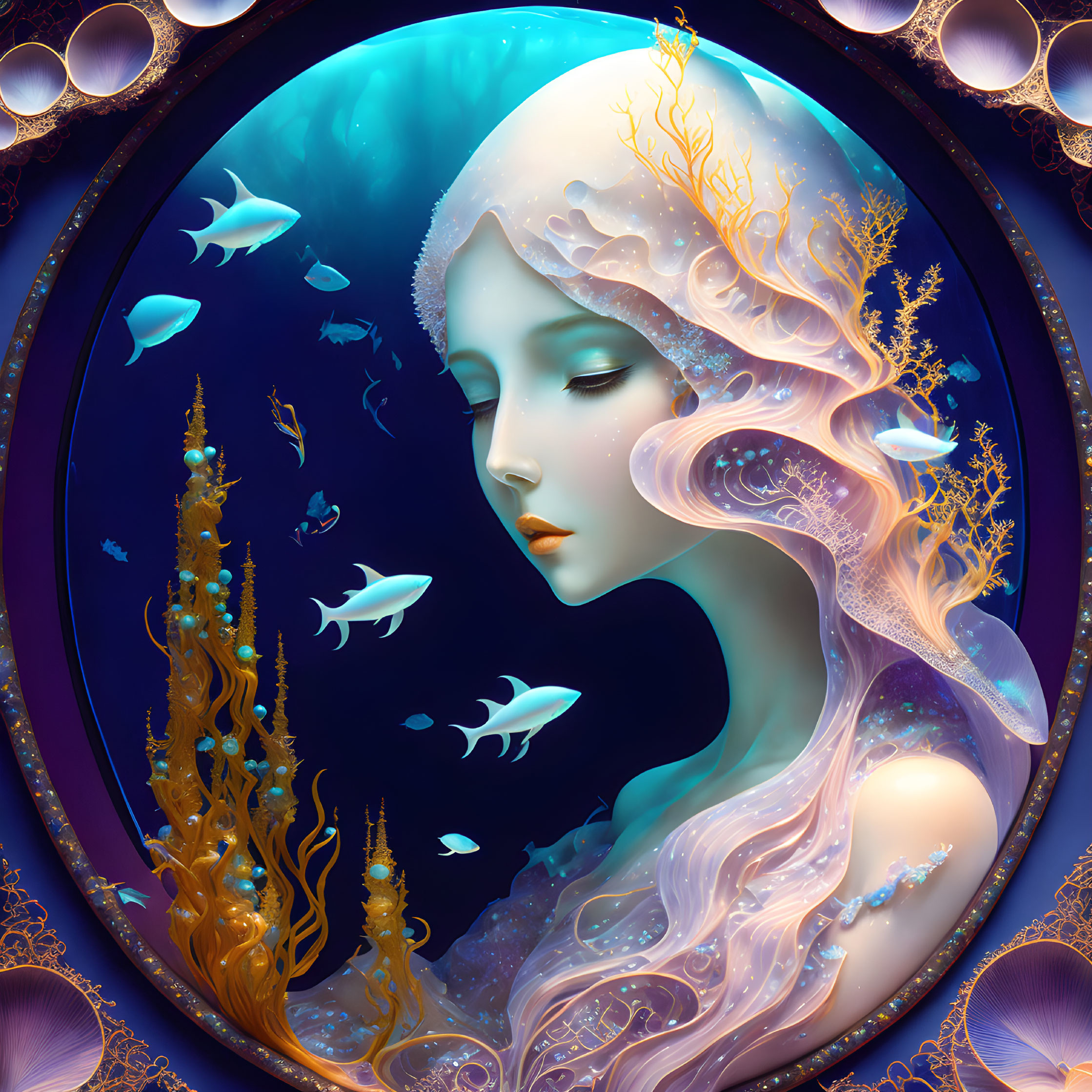 Fantastical underwater portrait of a woman with coral-like hair and fish in circular frame.