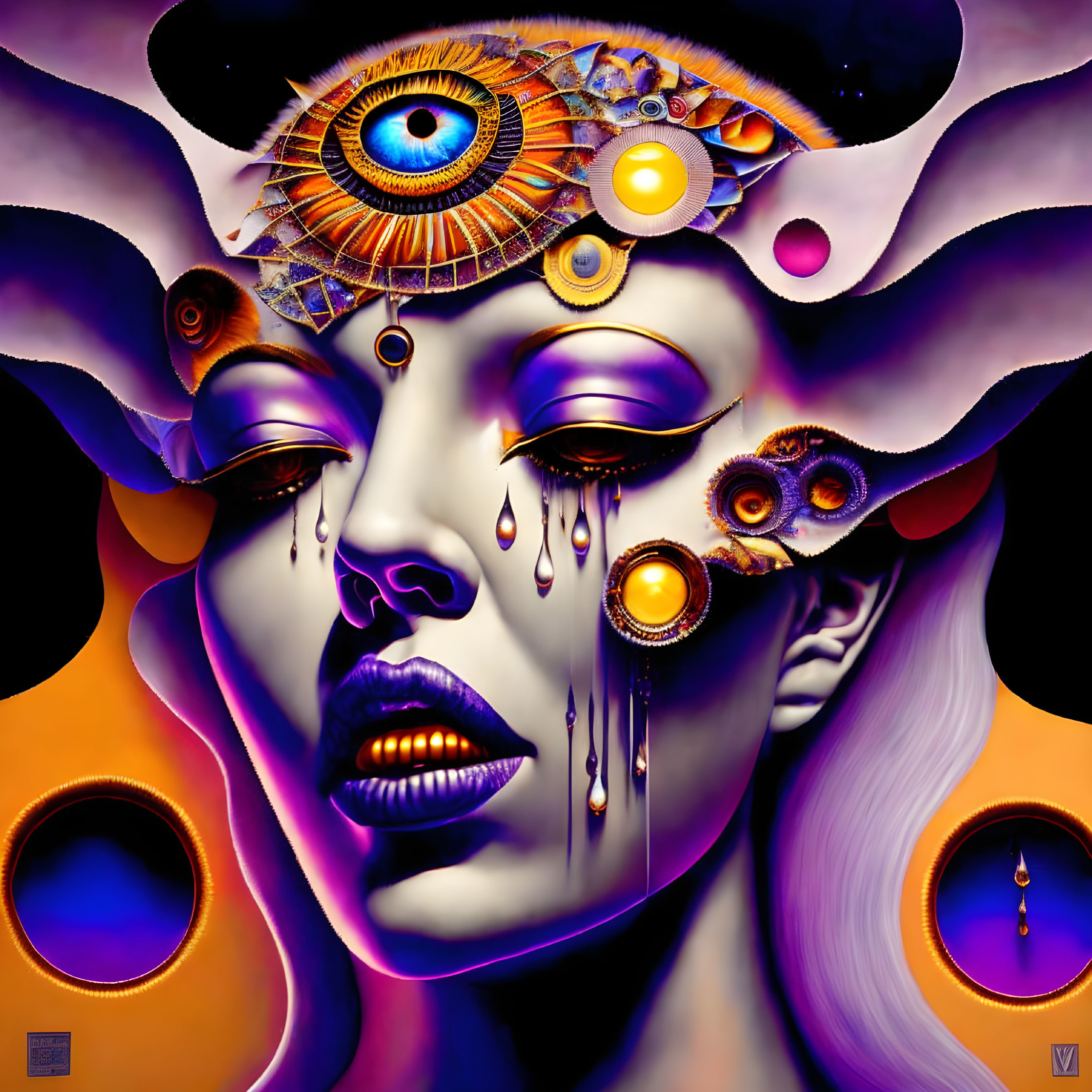 Colorful Abstract Female Face with Multiple Eyes on Purple-Orange Background