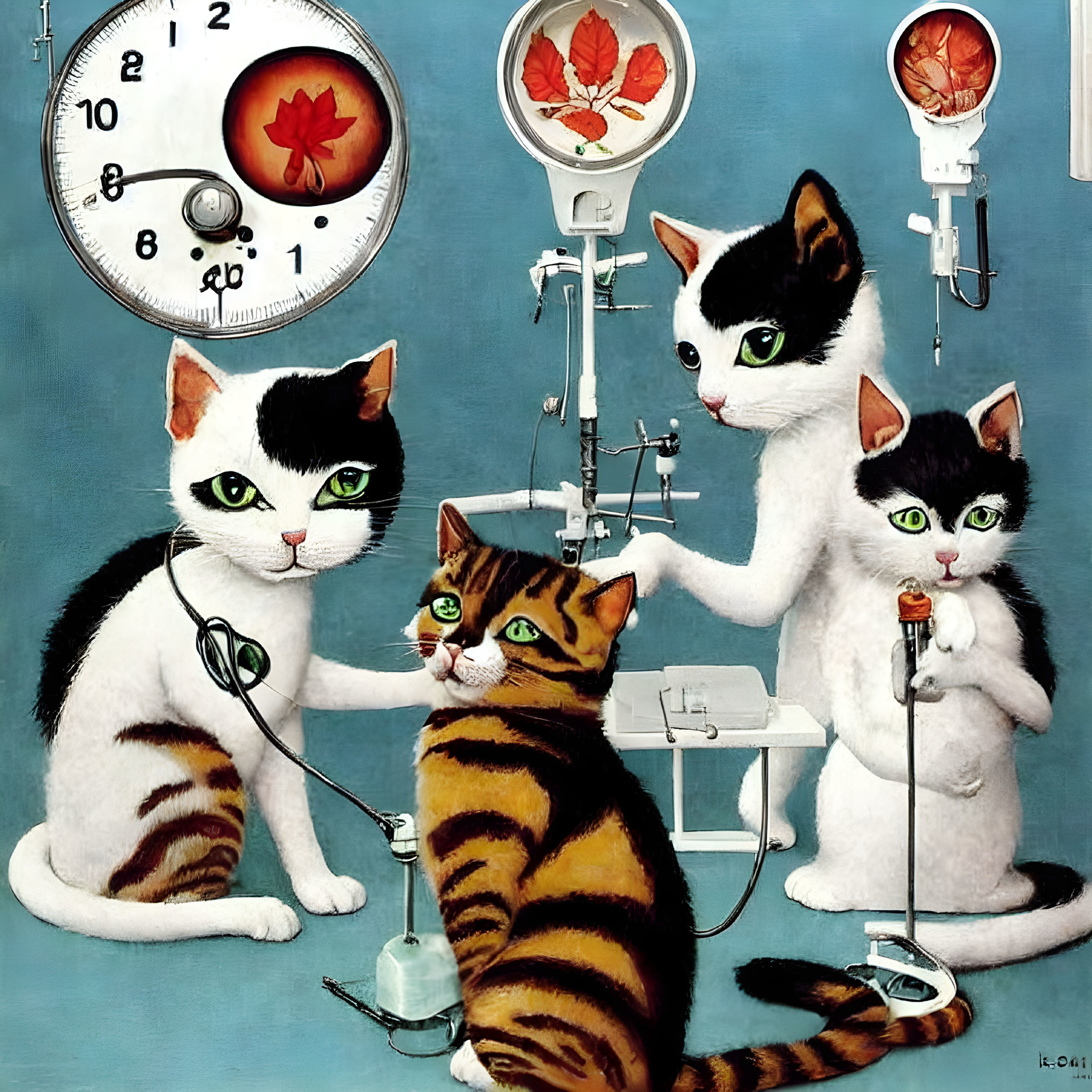 Whimsical veterinary scene with anthropomorphic cats examining patient