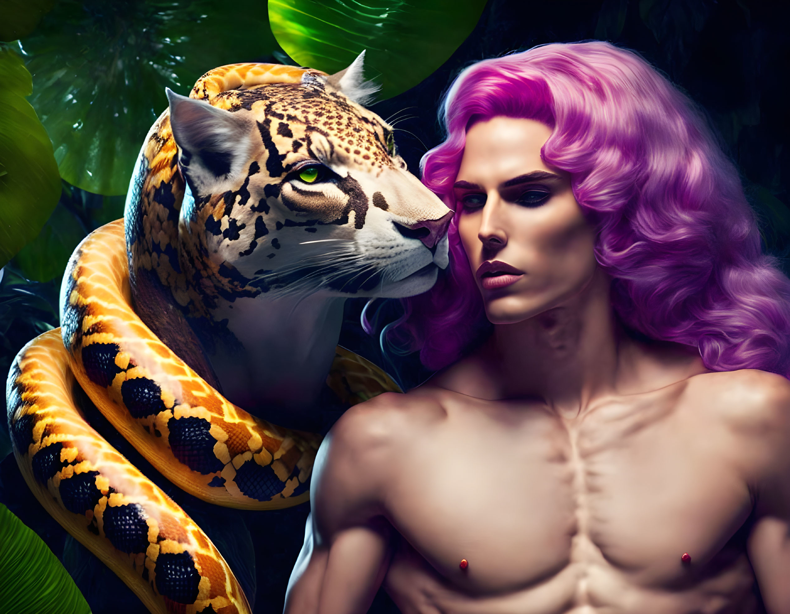 Digital artwork: Person with purple hair, jaguar, and boa in jungle.