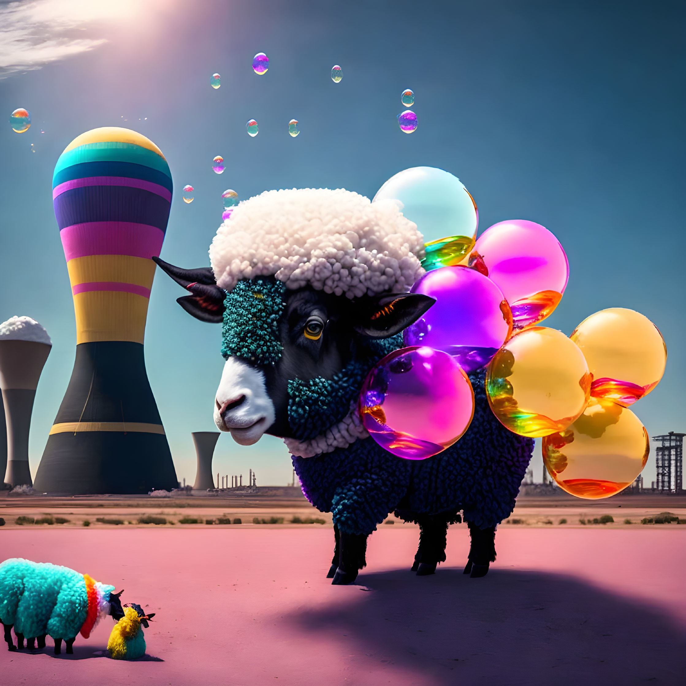 Colorful Sheep with Glossy Balloons in Surreal Landscape