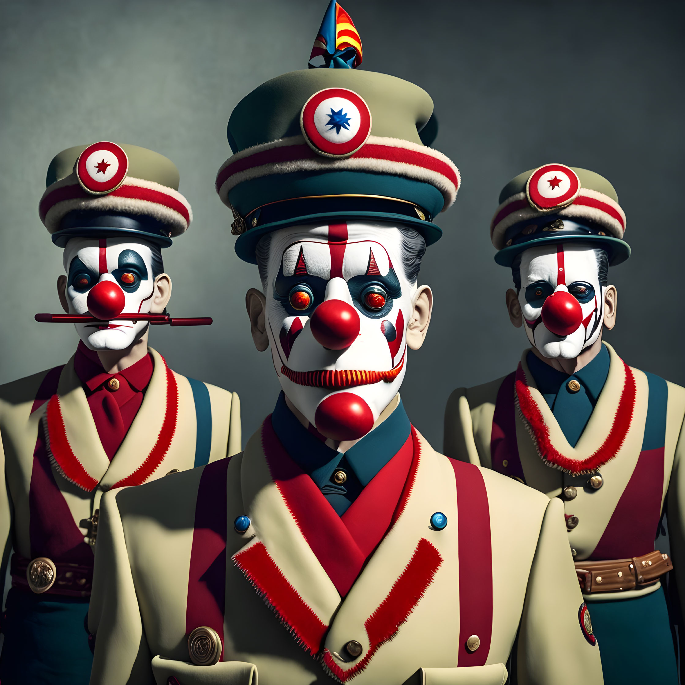 Cartoon-style clown soldiers with serious expressions and medals against grey backdrop