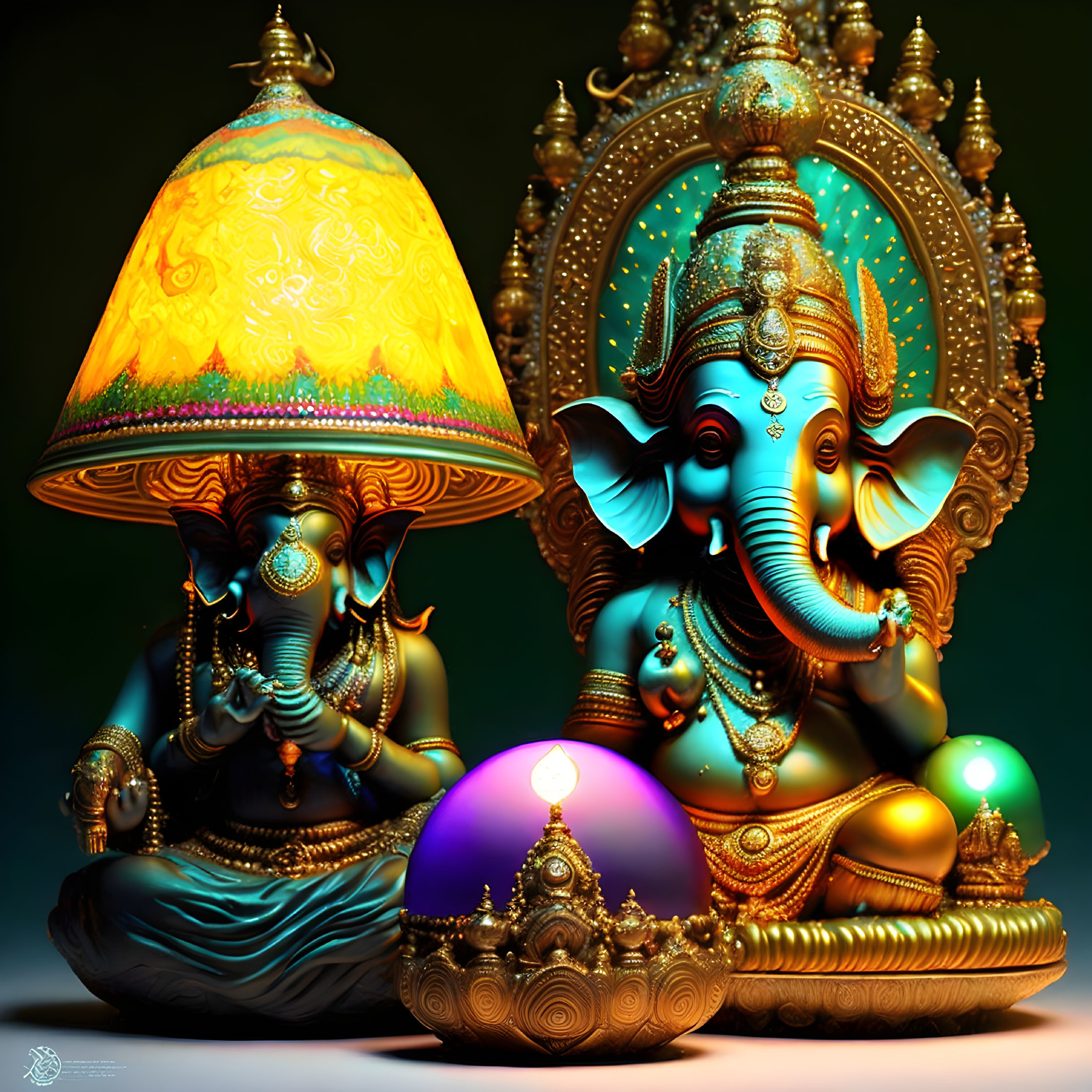 Colorful Hindu-inspired digital art of ornate elephant-headed figures under decorative lamp