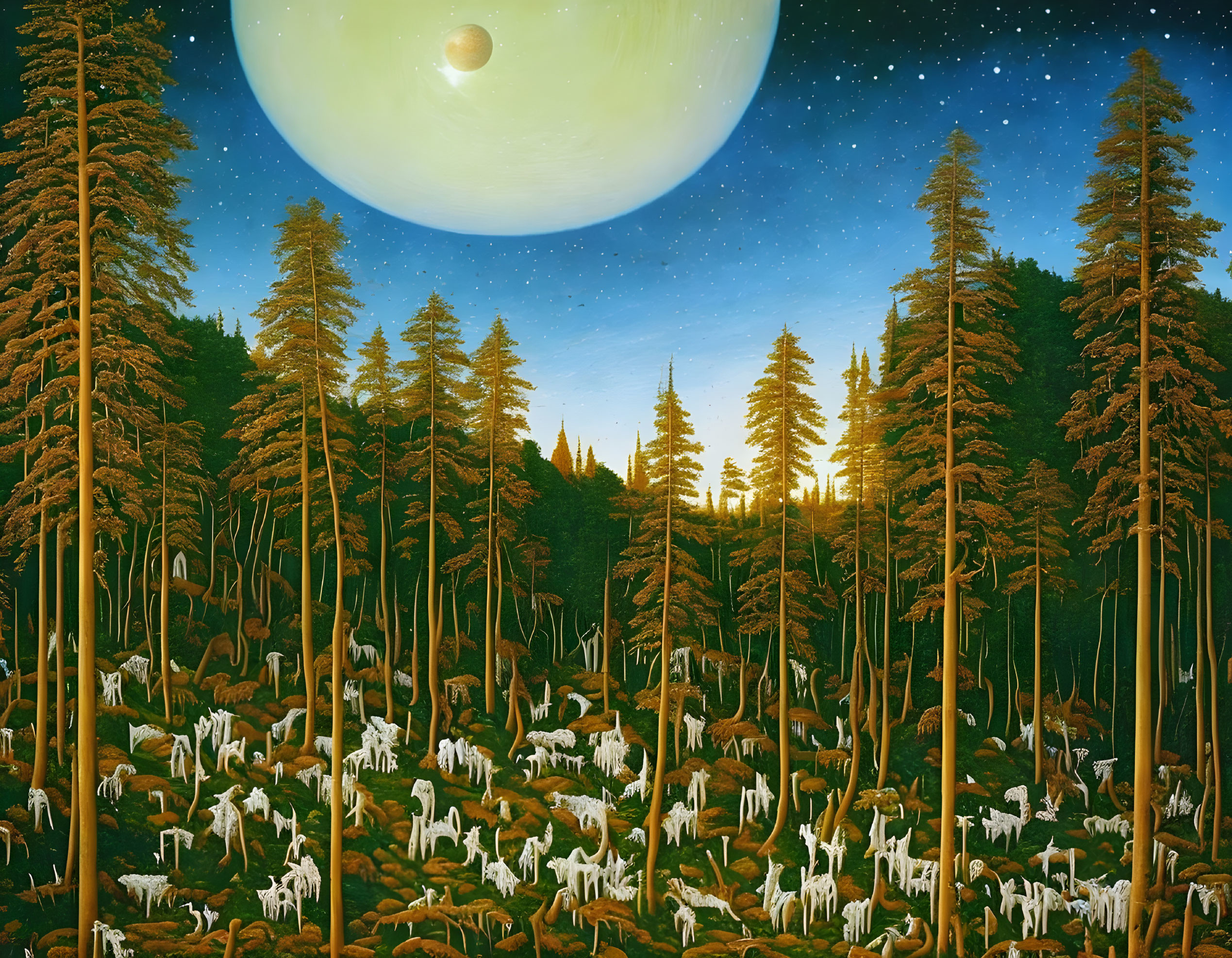 Surreal night forest with tall trees, moon, planet, and white figures