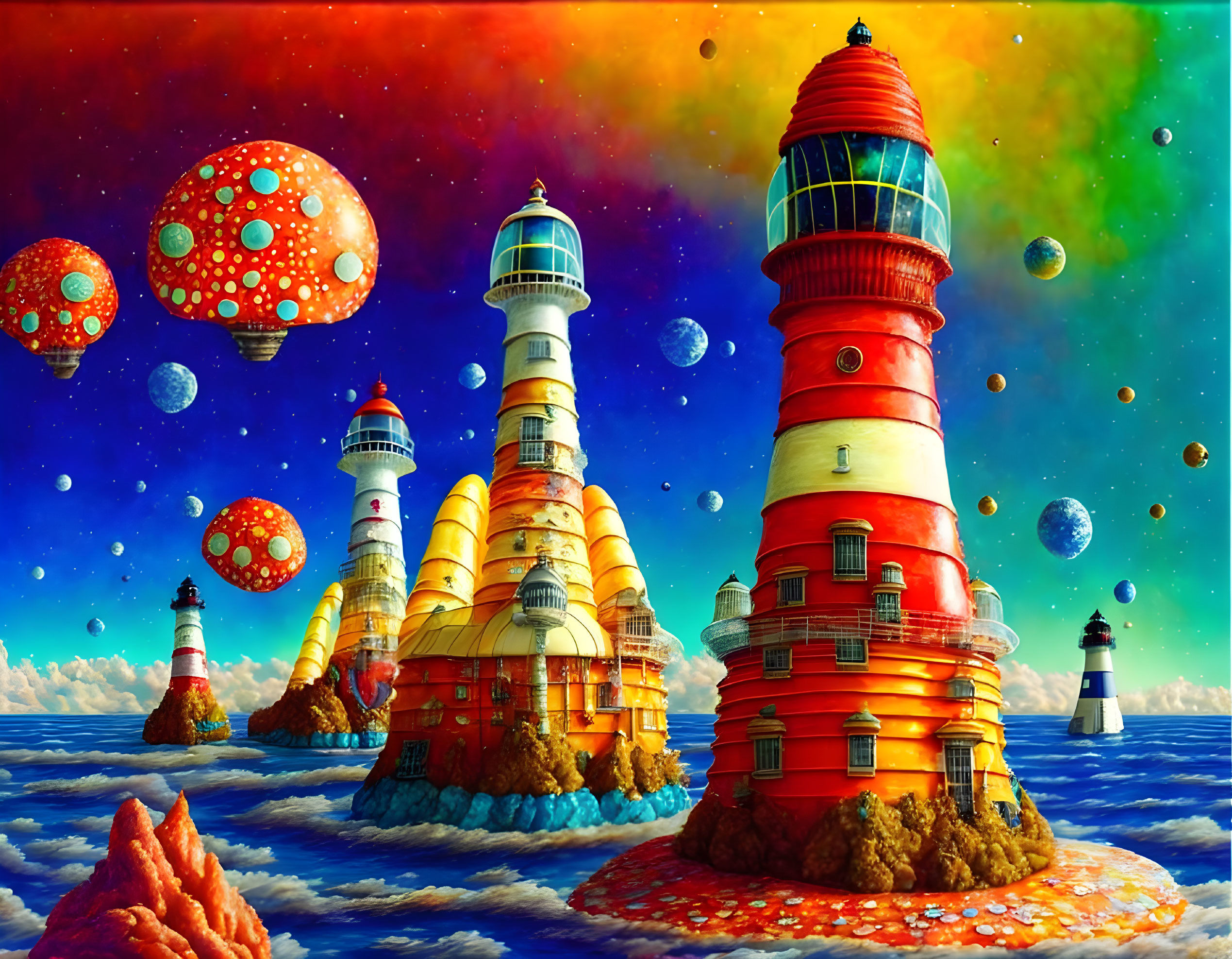 Vibrant lighthouses on rocky islands in surreal ocean scene